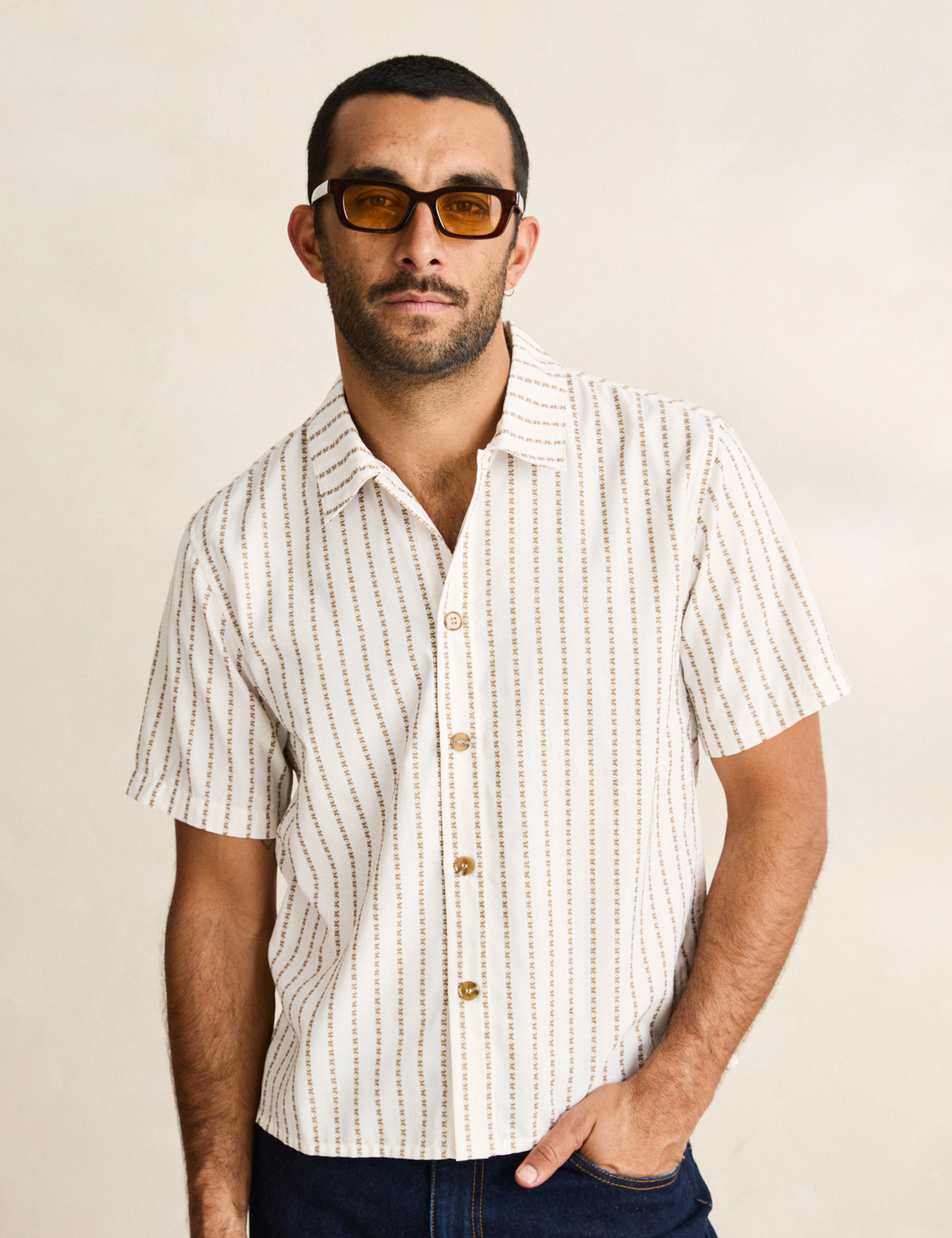 Rhythm Vacation Stripe Crop SS Shirt Multi Cropped Mens Boxy Shirt White Tan Brown Athens GA Kempt Clothing Store Mens