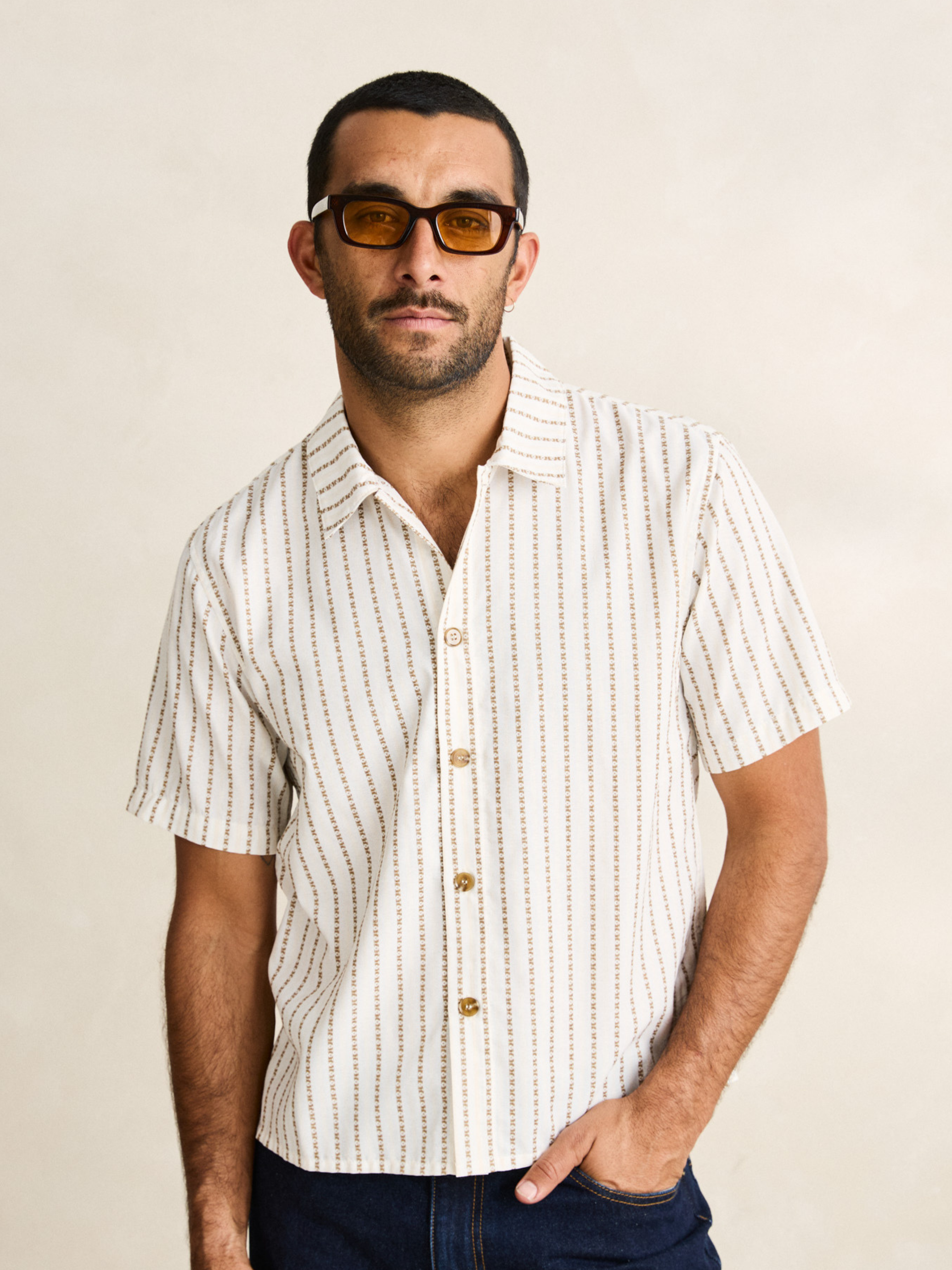 Rhythm Vacation Stripe Crop SS Shirt Multi Cropped Mens Boxy Shirt White Tan Brown Athens GA Kempt Clothing Store Mens