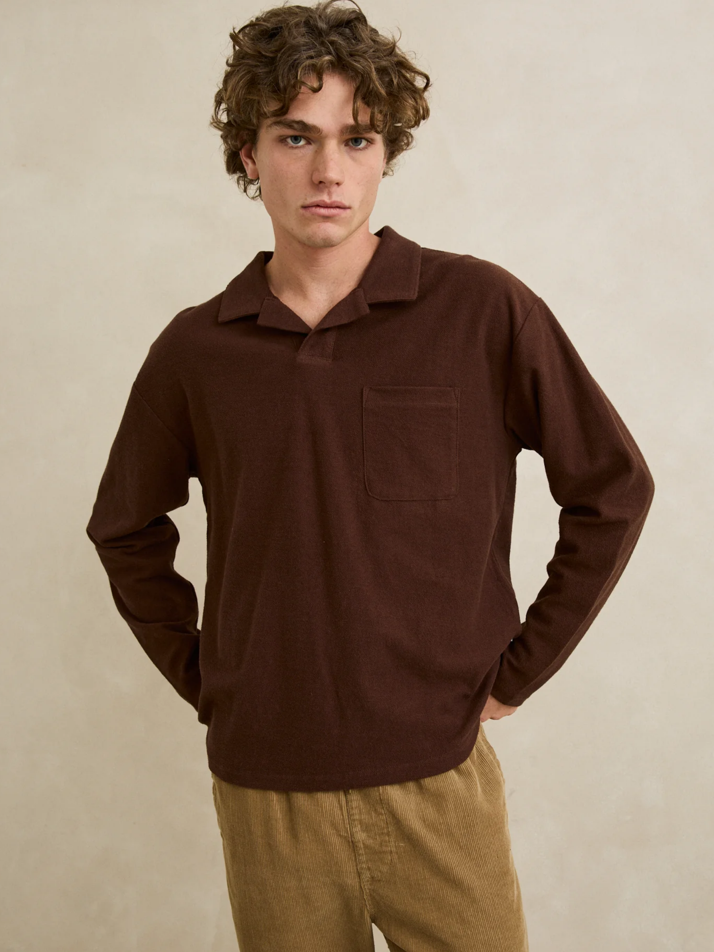 Rhythm Vintage Terry LS Polo - Chocolate