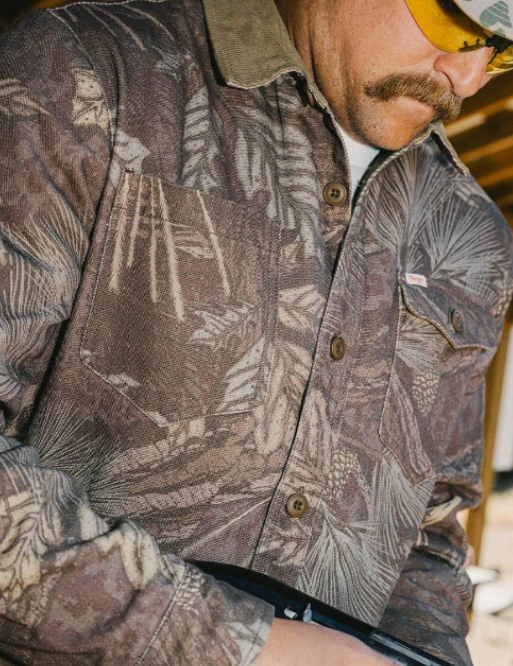 Seager Canvas Cotton Over Shirt Bison Workshirt in Seager Camo - model front lifestyle