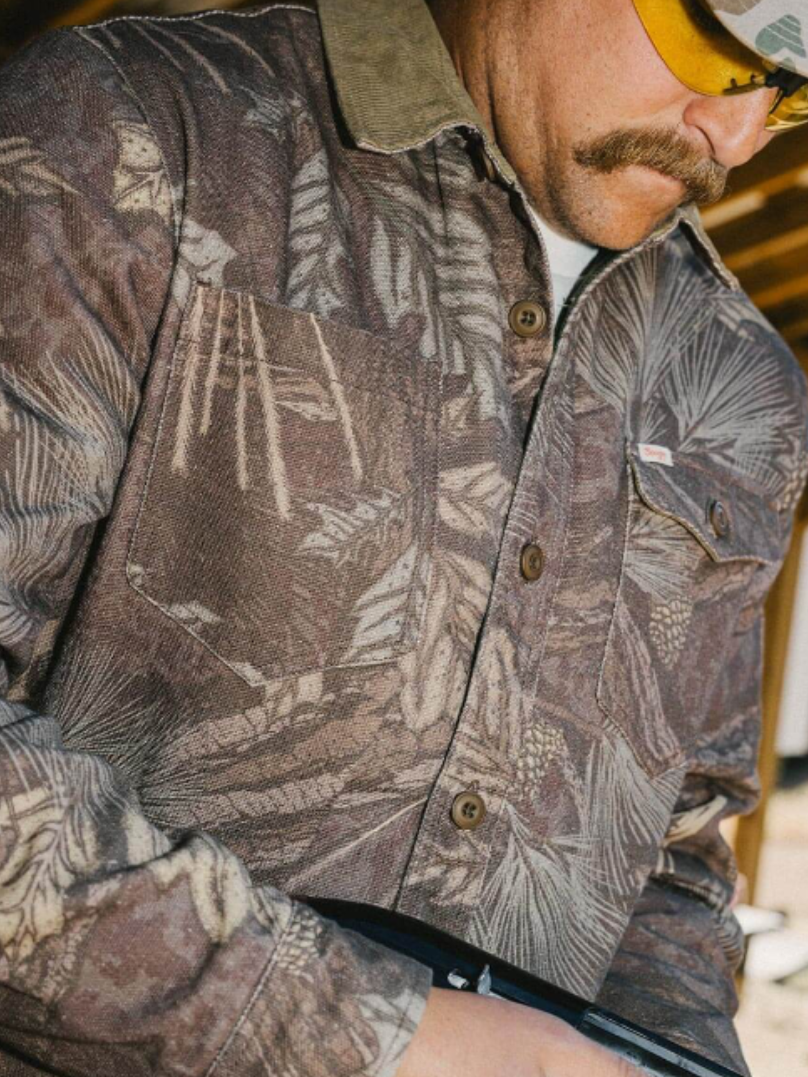 Seager Canvas Cotton Over Shirt Bison Workshirt in Seager Camo - model front lifestyle