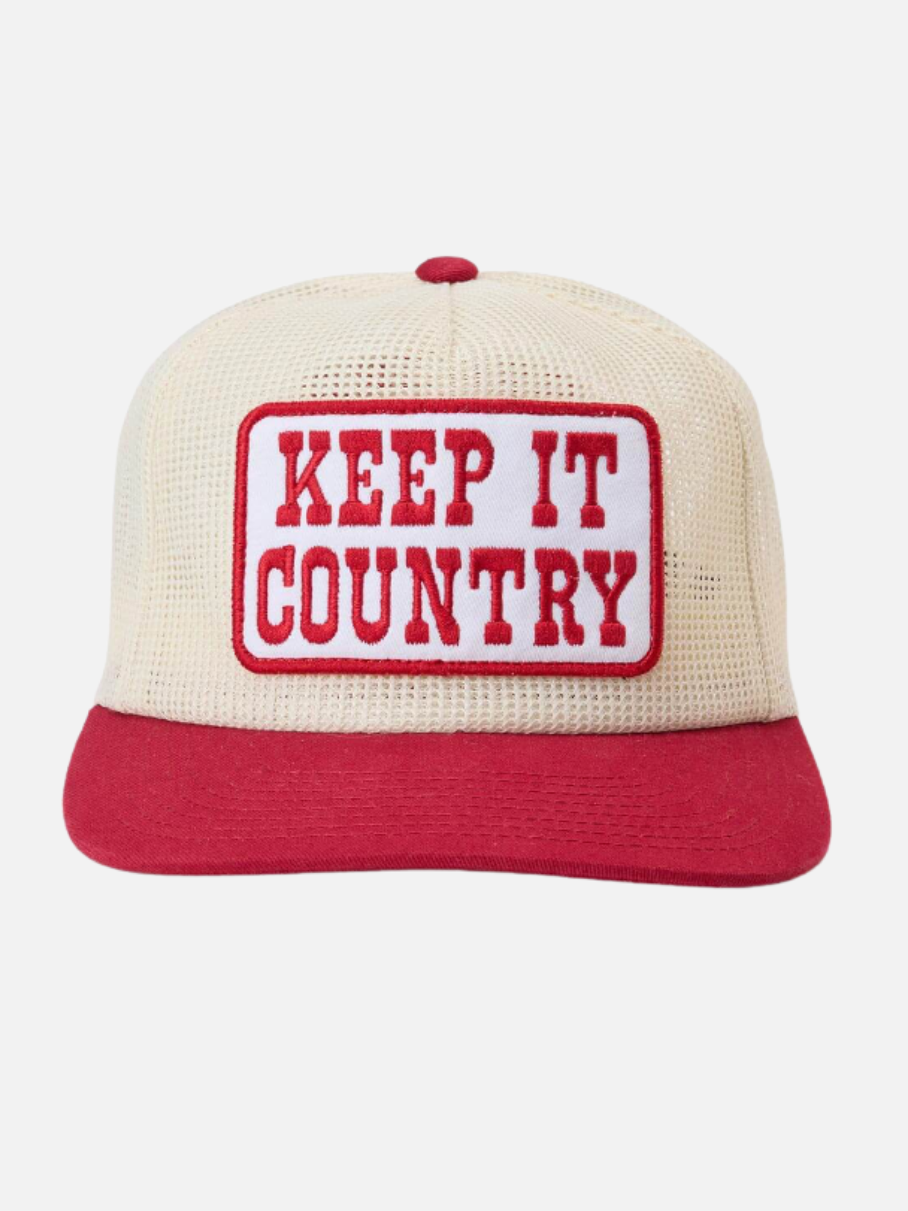Seager Keep It Country Mesh Trucker Hat Cream Red Patch High Profile Two Tone Hats for Guys Men’s Accessories for Men Athens GA Georgia Kempt Menswear Store Near Me