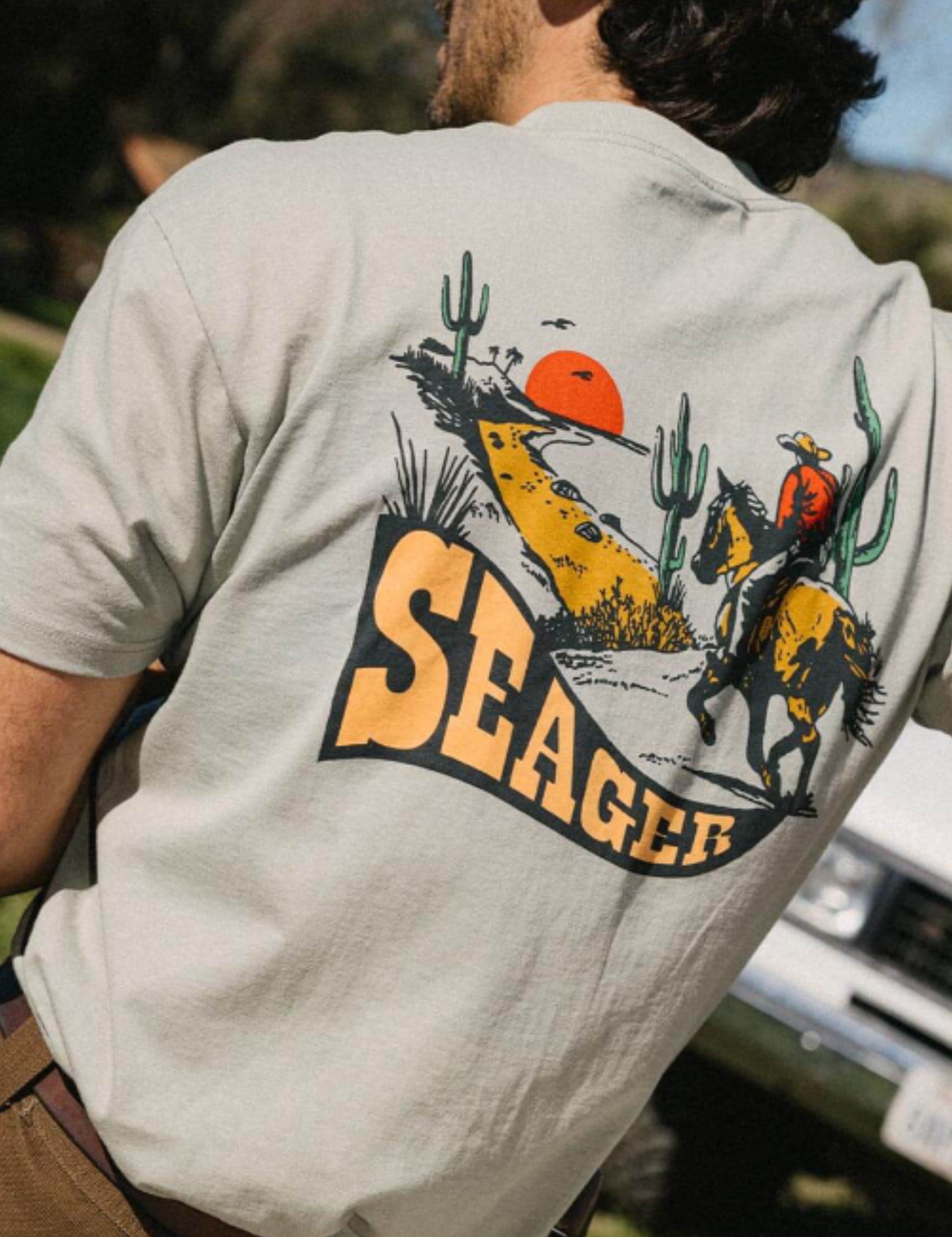 Seager Long Ride Tee Desert Green Graphic T-Shirt for Men Back and Chest Graphics Men’s Tops for Men Seager Western Brand Athens GA Georgia Kempt Menswear Store Near Me