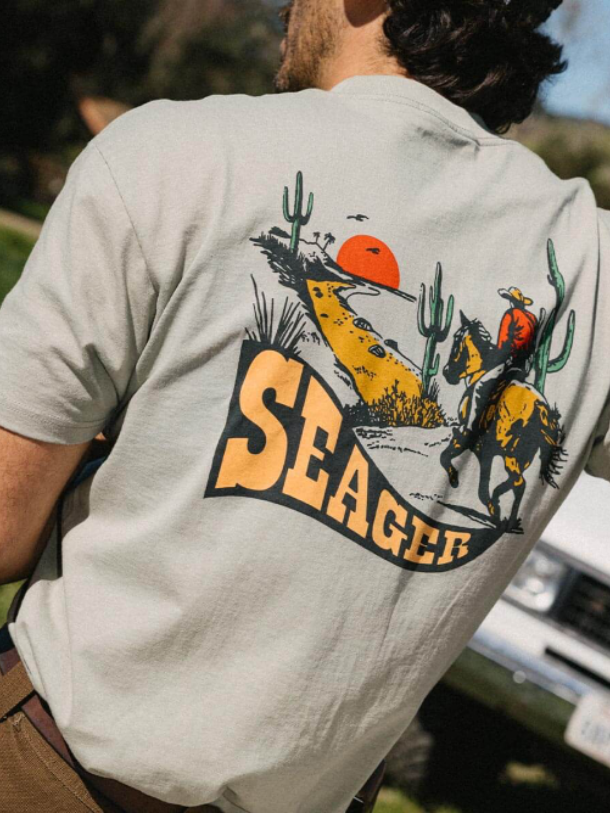 Seager Long Ride Tee Desert Green Graphic T-Shirt for Men Back and Chest Graphics Men’s Tops for Men Seager Western Brand Athens GA Georgia Kempt Menswear Store Near Me