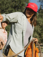 Seager Corduroy Ramblin’ Woman Snapback Hat in Red - lifestyle model front