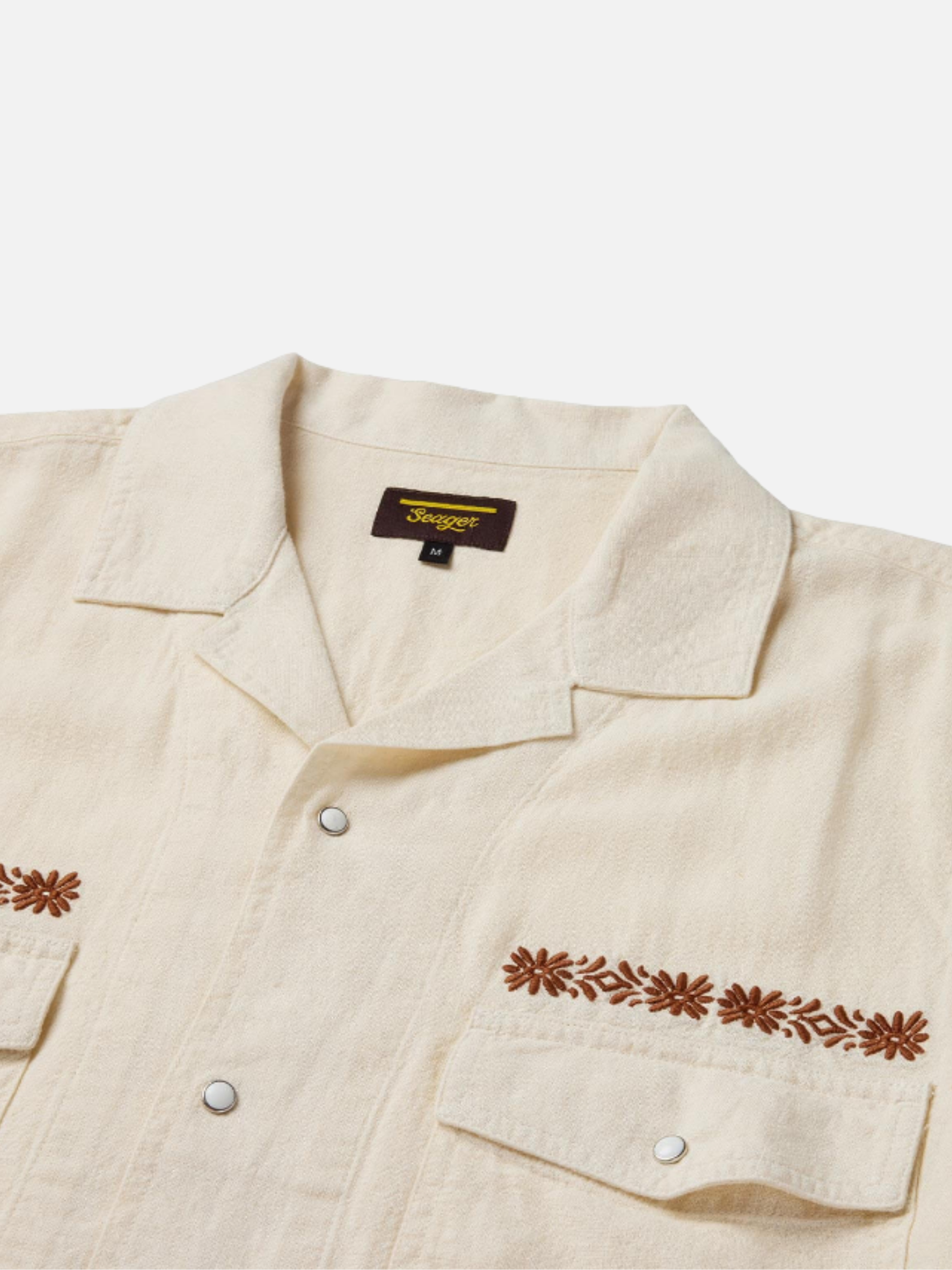 Seager Whippersnapper Short Sleeve Shirt Button Up Collared Men’s Top for Men White Wash Rust Detail Tops for Guys Spring Summer Athens GA Georgia Kempt Menswear Store Near Me