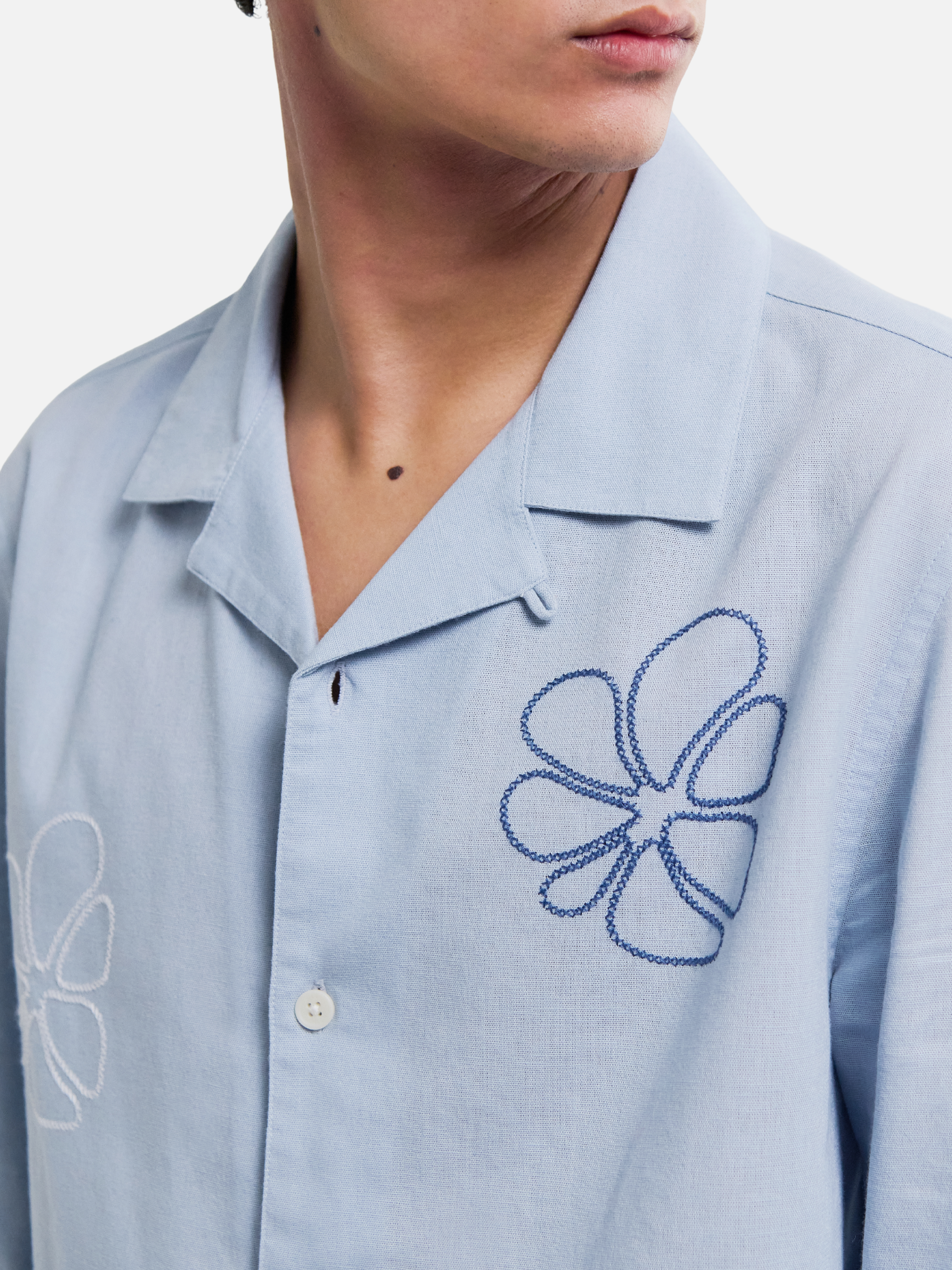 Wax London Corey Cross Stitch Floral Flower Shirt Blue Doodle Sleeve Collared Button Up Embroidered Shirts Men’s Tops for Men Vacation Outfits for Guys Athens GA Georgia Kempt Menswear Store Near Me