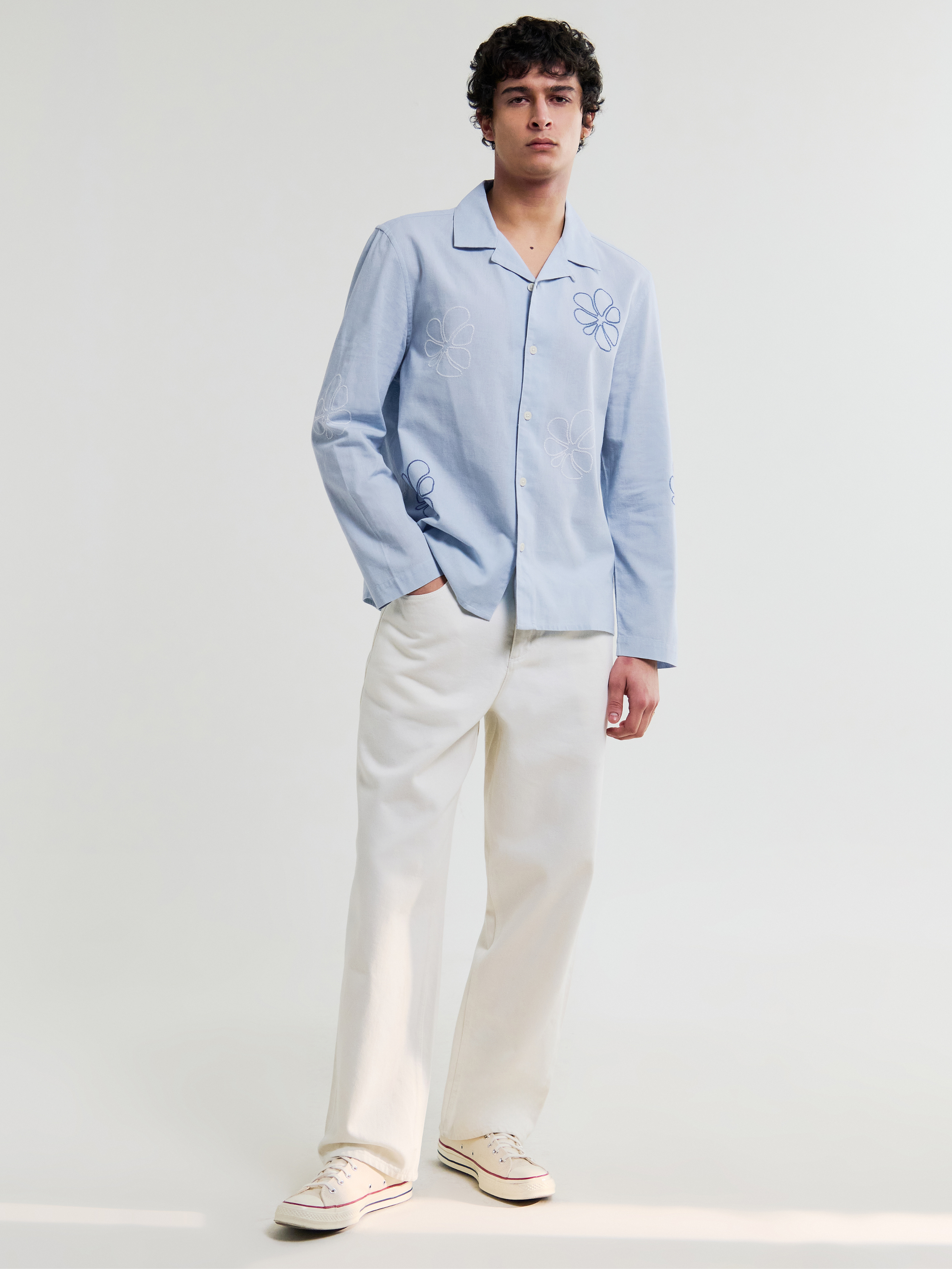 Wax London Corey Cross Stitch Floral Flower Shirt Blue Doodle Sleeve Collared Button Up Embroidered Shirts Men’s Tops for Men Vacation Outfits for Guys Athens GA Georgia Kempt Menswear Store Near Me