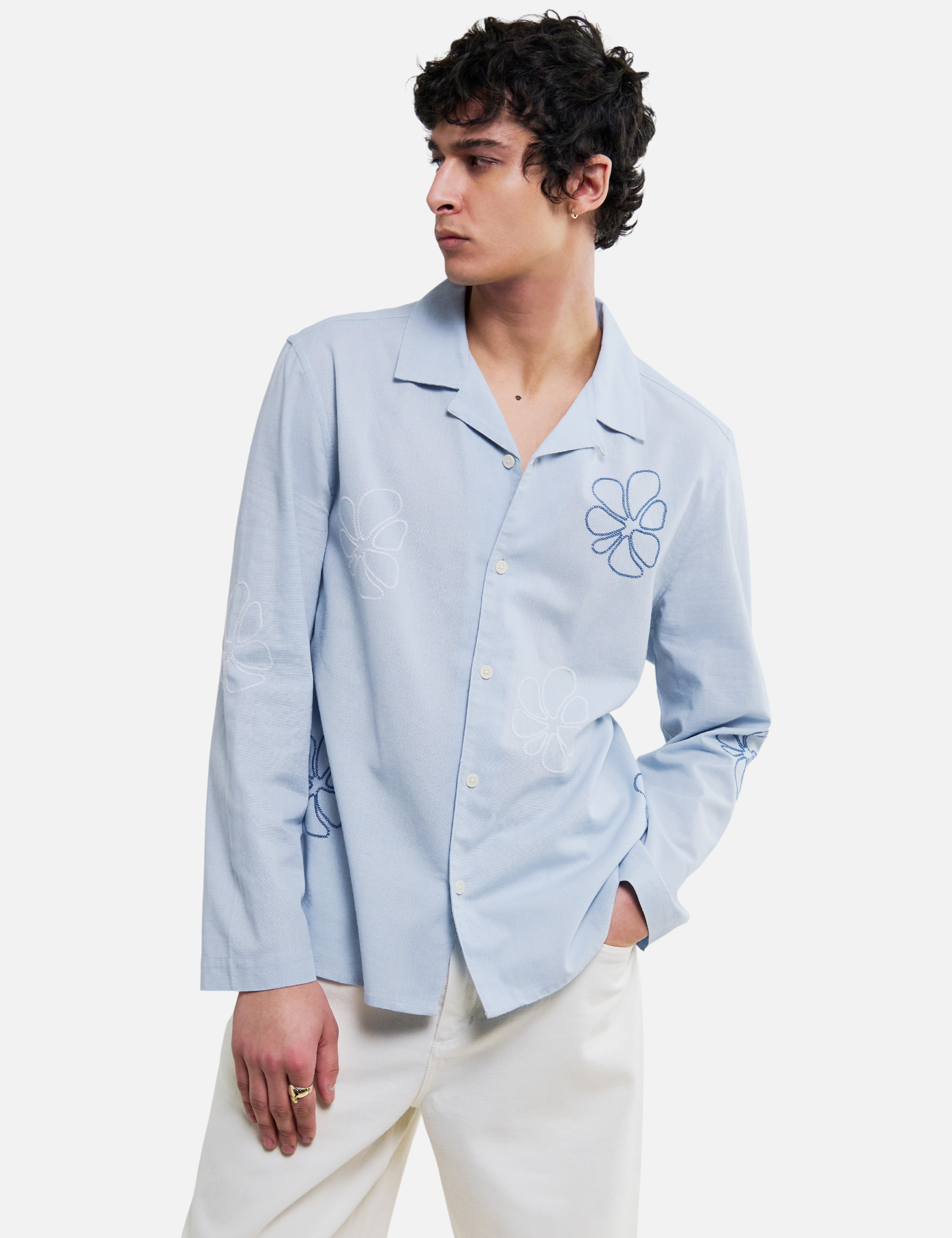 Wax London Corey Cross Stitch Floral Flower Shirt Blue Doodle Sleeve Collared Button Up Embroidered Shirts Men’s Tops for Men Vacation Outfits for Guys Athens GA Georgia Kempt Menswear Store Near Me