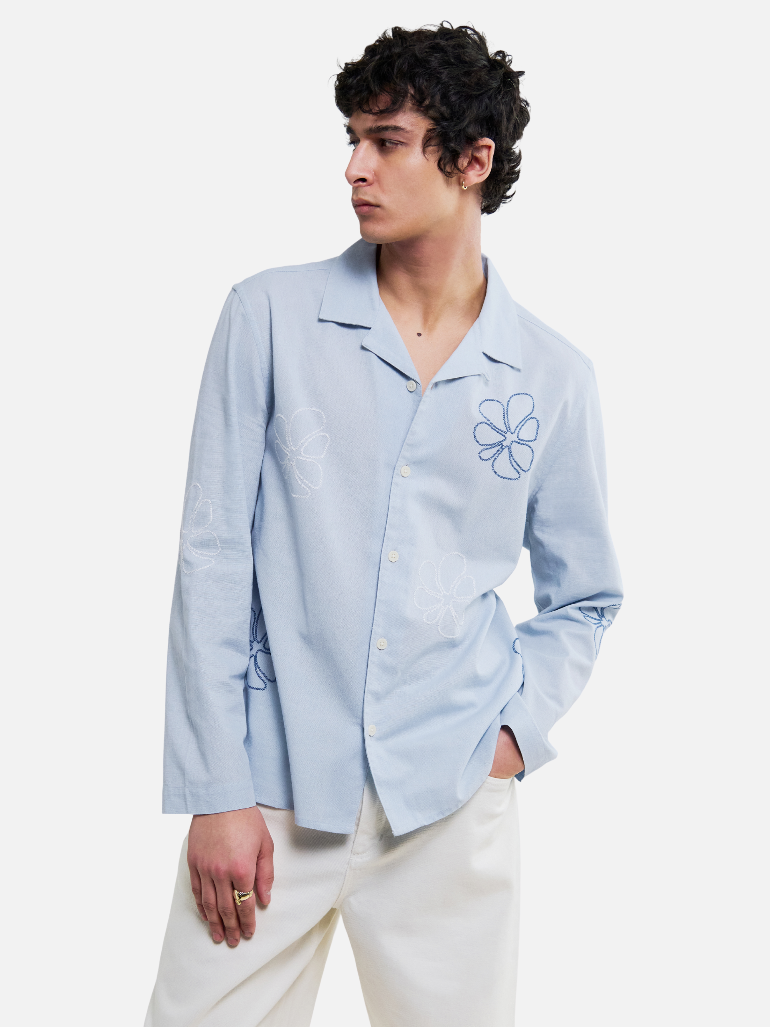 Wax London Corey Cross Stitch Floral Flower Shirt Blue Doodle Sleeve Collared Button Up Embroidered Shirts Men’s Tops for Men Vacation Outfits for Guys Athens GA Georgia Kempt Menswear Store Near Me