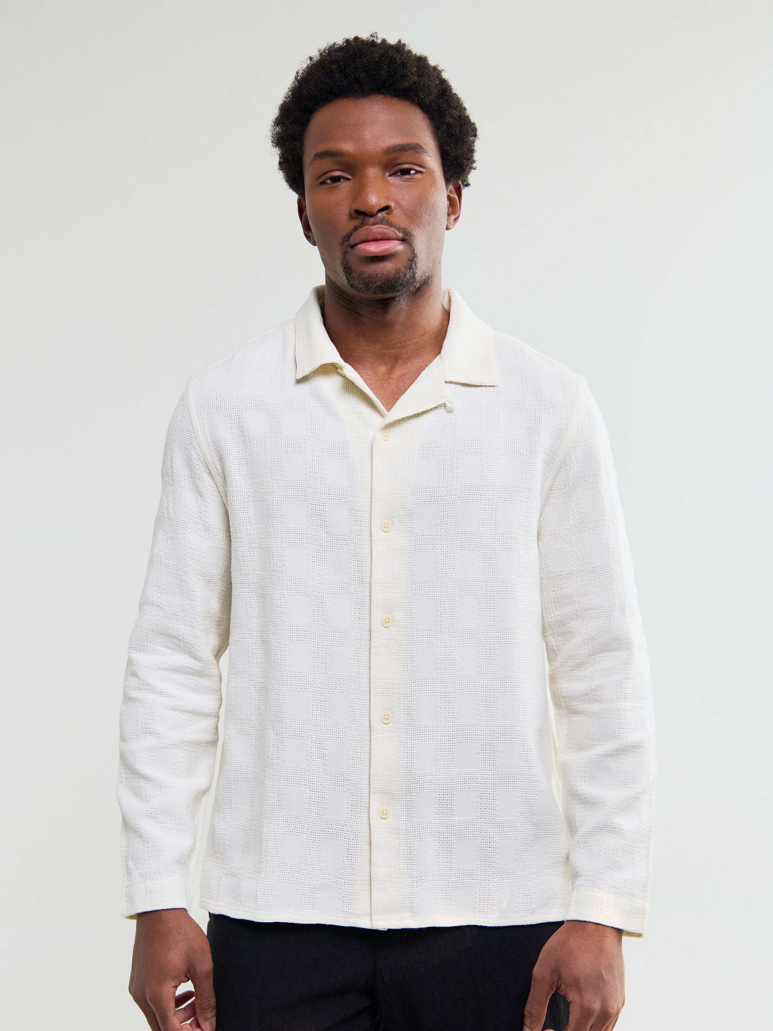 Wax London Corey Dobby Check Shirt White Cream Natural Long Sleeve Collared Button Up Overshirt Spring Summer Tops for Men Men’s Shirts Texture Athens GA Georgia Kempt Menswear Store Near Me