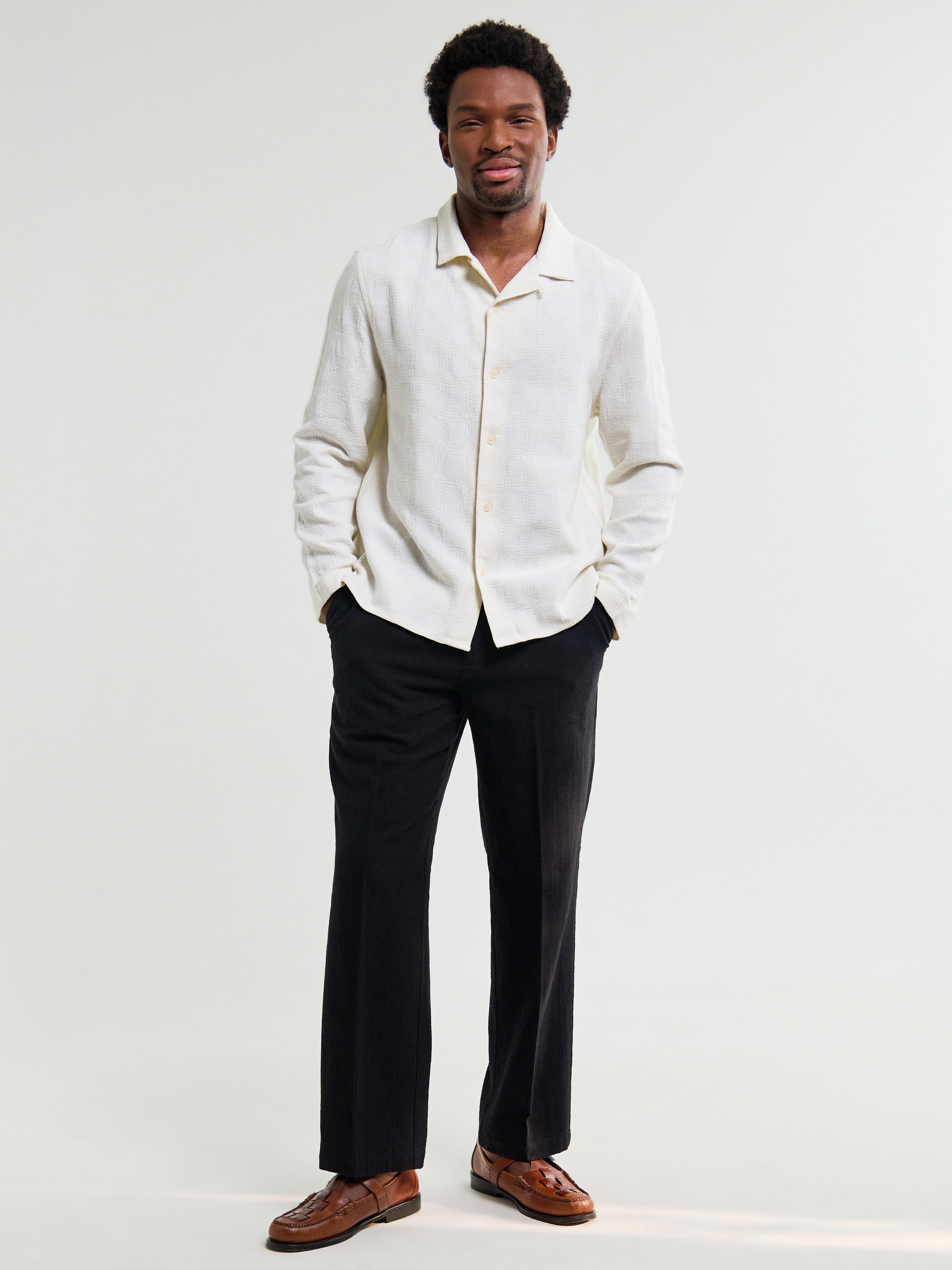 Wax London Corey Dobby Check Shirt White Cream Natural Long Sleeve Collared Button Up Overshirt Spring Summer Tops for Men Men’s Shirts Texture Athens GA Georgia Kempt Menswear Store Near Me