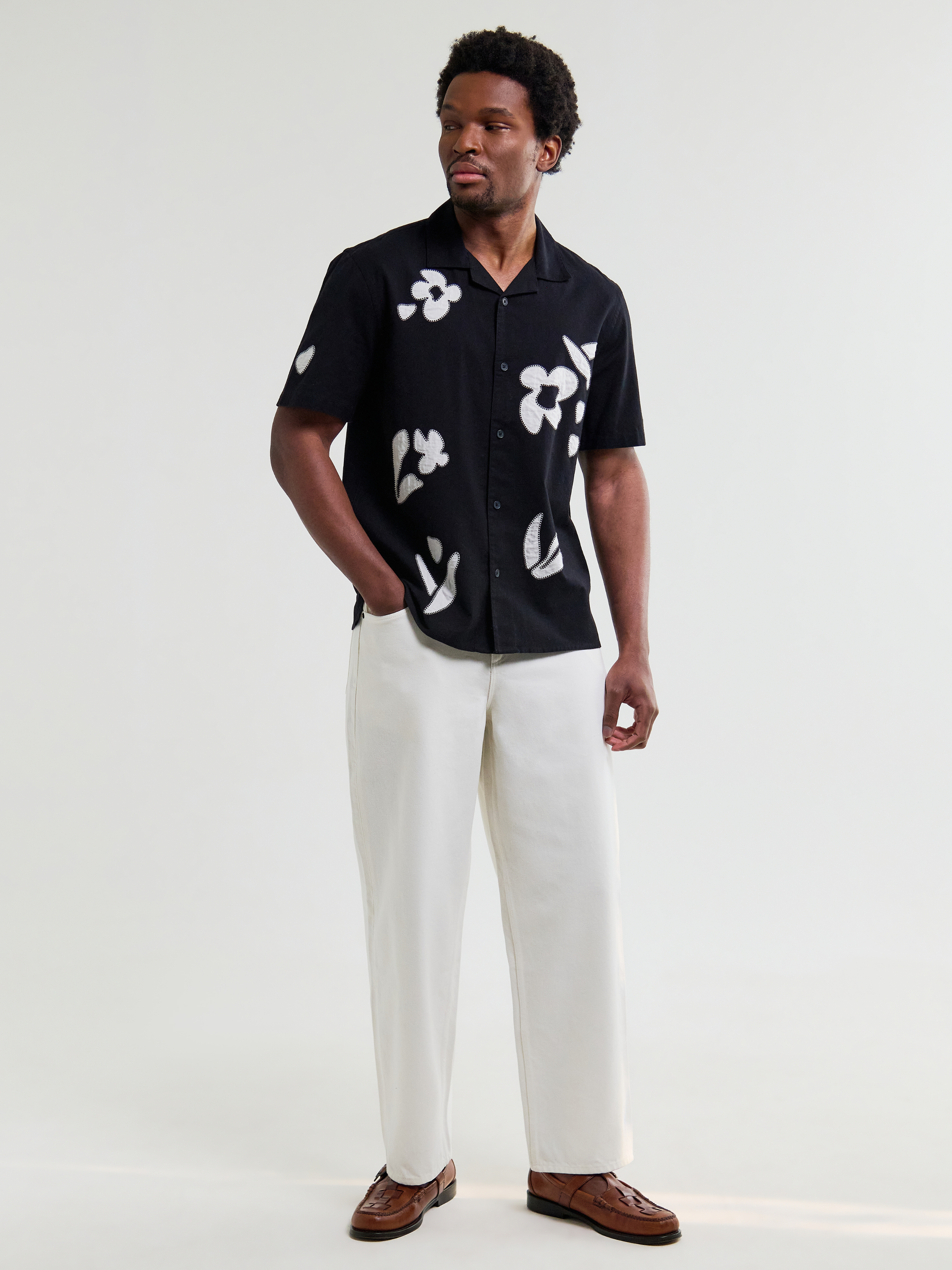Wax London Didcot Absract Applique Shirt Black Beige Sleeve Collared Button Up Embroidered Shirts Men’s Tops for Men Vacation Outfits for Guys Athens GA Georgia Kempt Menswear Store Near Me