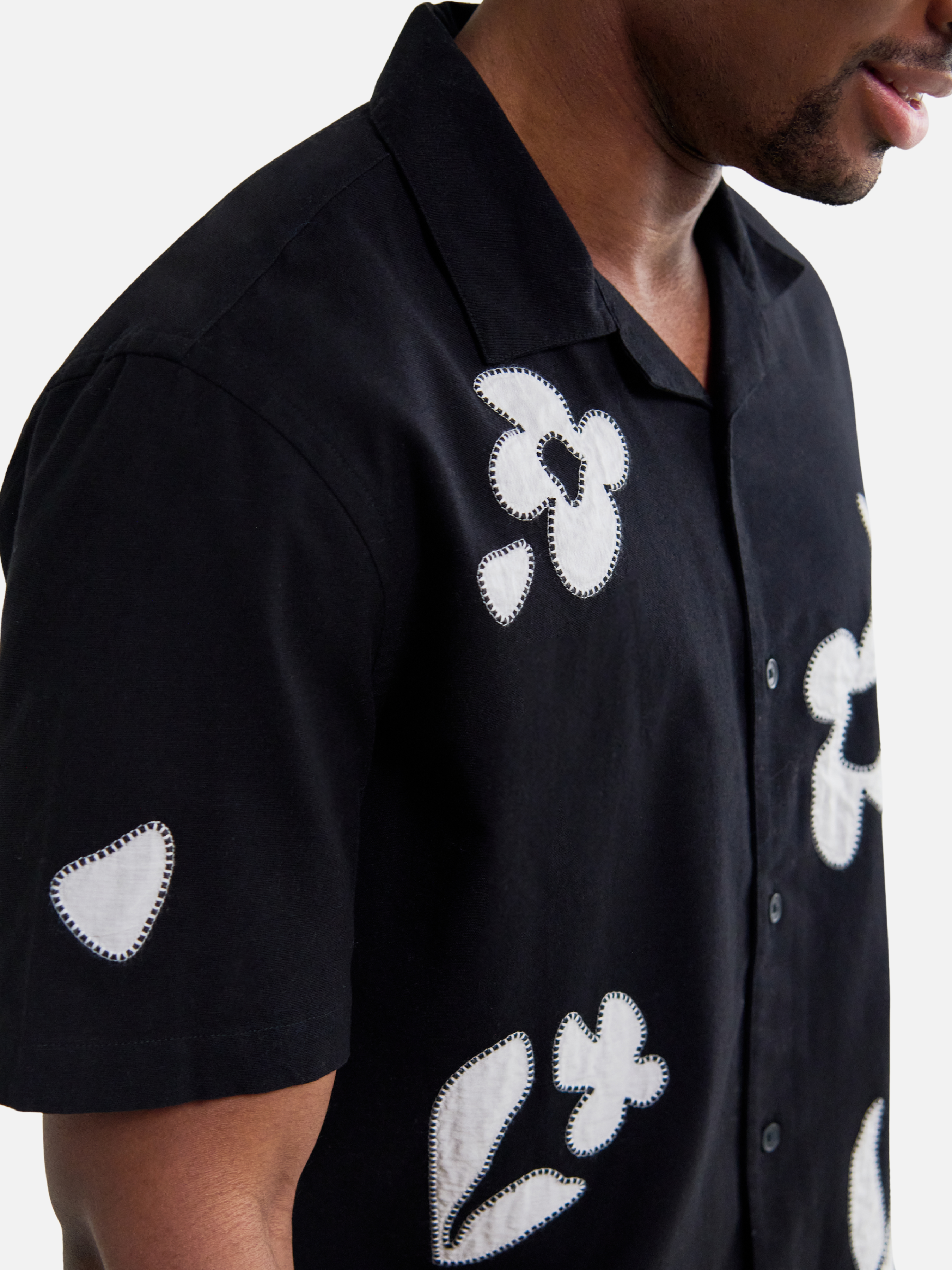 Wax London Didcot Absract Applique Shirt Black Beige Sleeve Collared Button Up Embroidered Shirts Men’s Tops for Men Vacation Outfits for Guys Athens GA Georgia Kempt Menswear Store Near Me