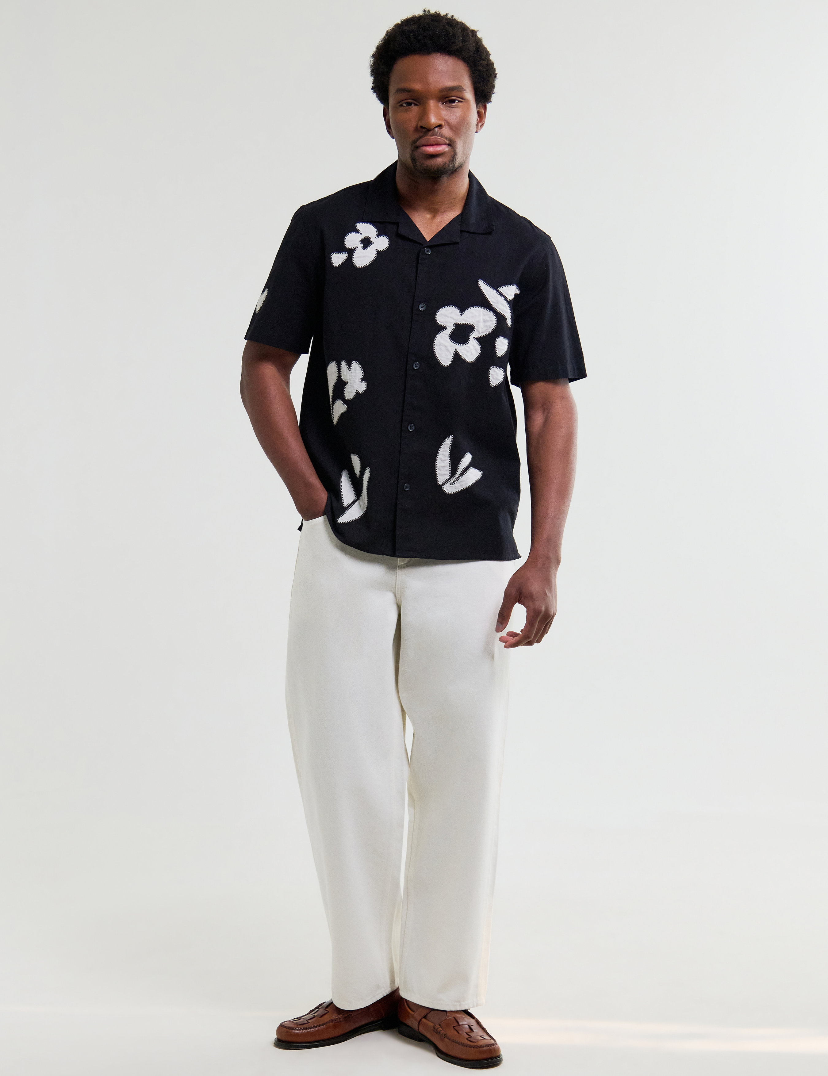 Wax London Didcot Absract Applique Shirt Black Beige Sleeve Collared Button Up Embroidered Shirts Men’s Tops for Men Vacation Outfits for Guys Athens GA Georgia Kempt Menswear Store Near Me