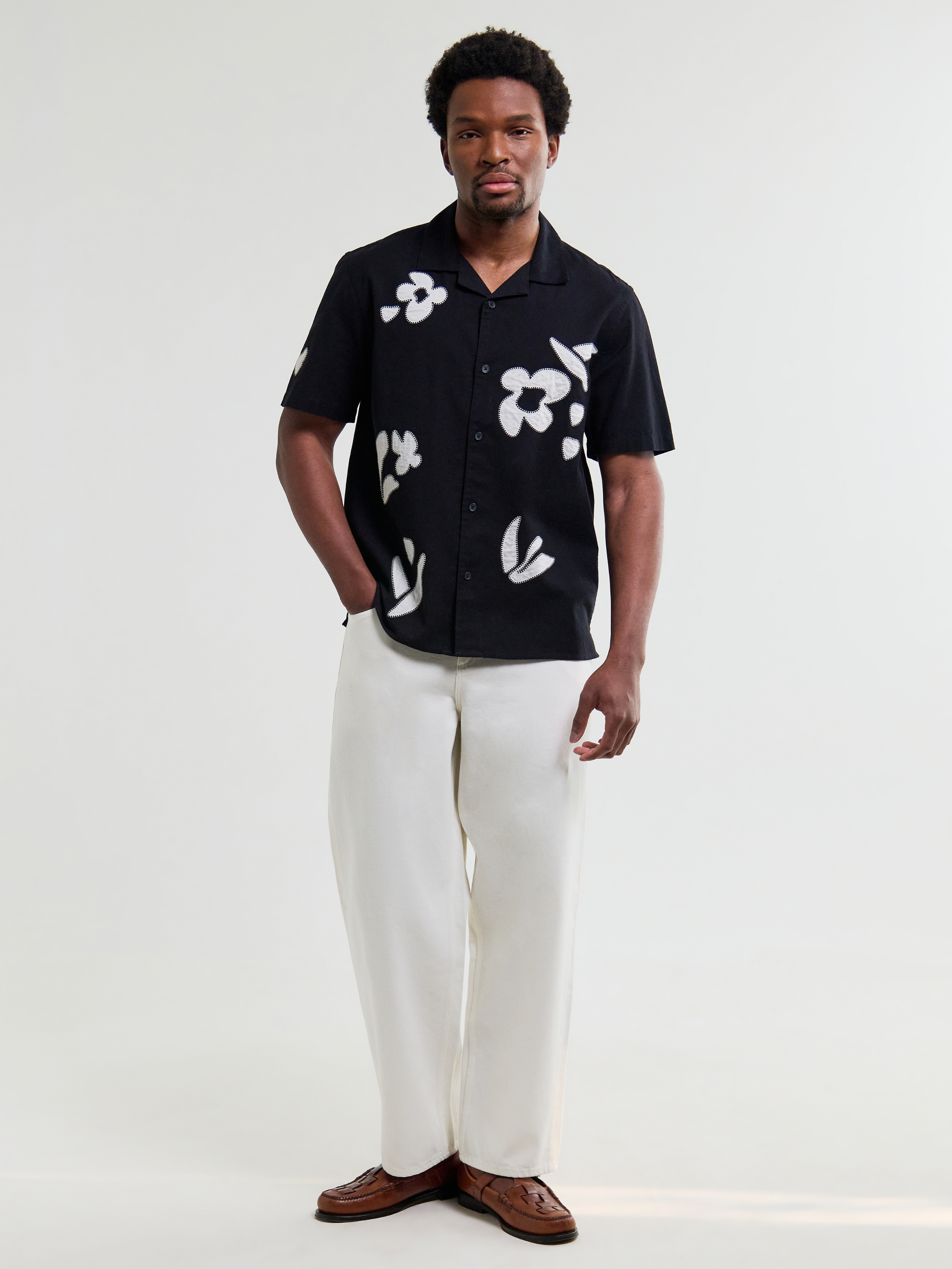 Wax London Didcot Absract Applique Shirt Black Beige Sleeve Collared Button Up Embroidered Shirts Men’s Tops for Men Vacation Outfits for Guys Athens GA Georgia Kempt Menswear Store Near Me