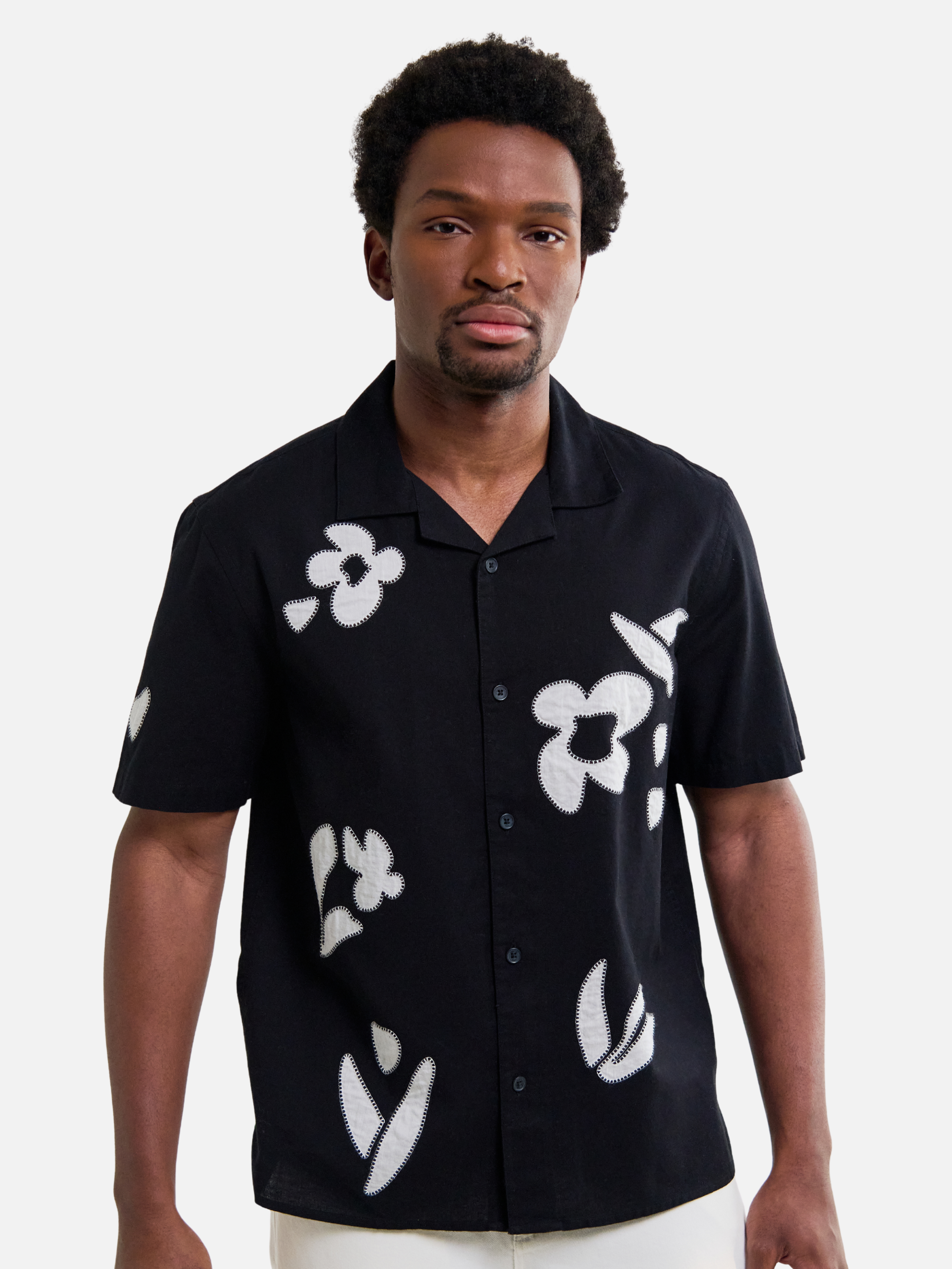 Wax London Didcot Absract Applique Shirt Black Beige Sleeve Collared Button Up Embroidered Shirts Men’s Tops for Men Vacation Outfits for Guys Athens GA Georgia Kempt Menswear Store Near Me