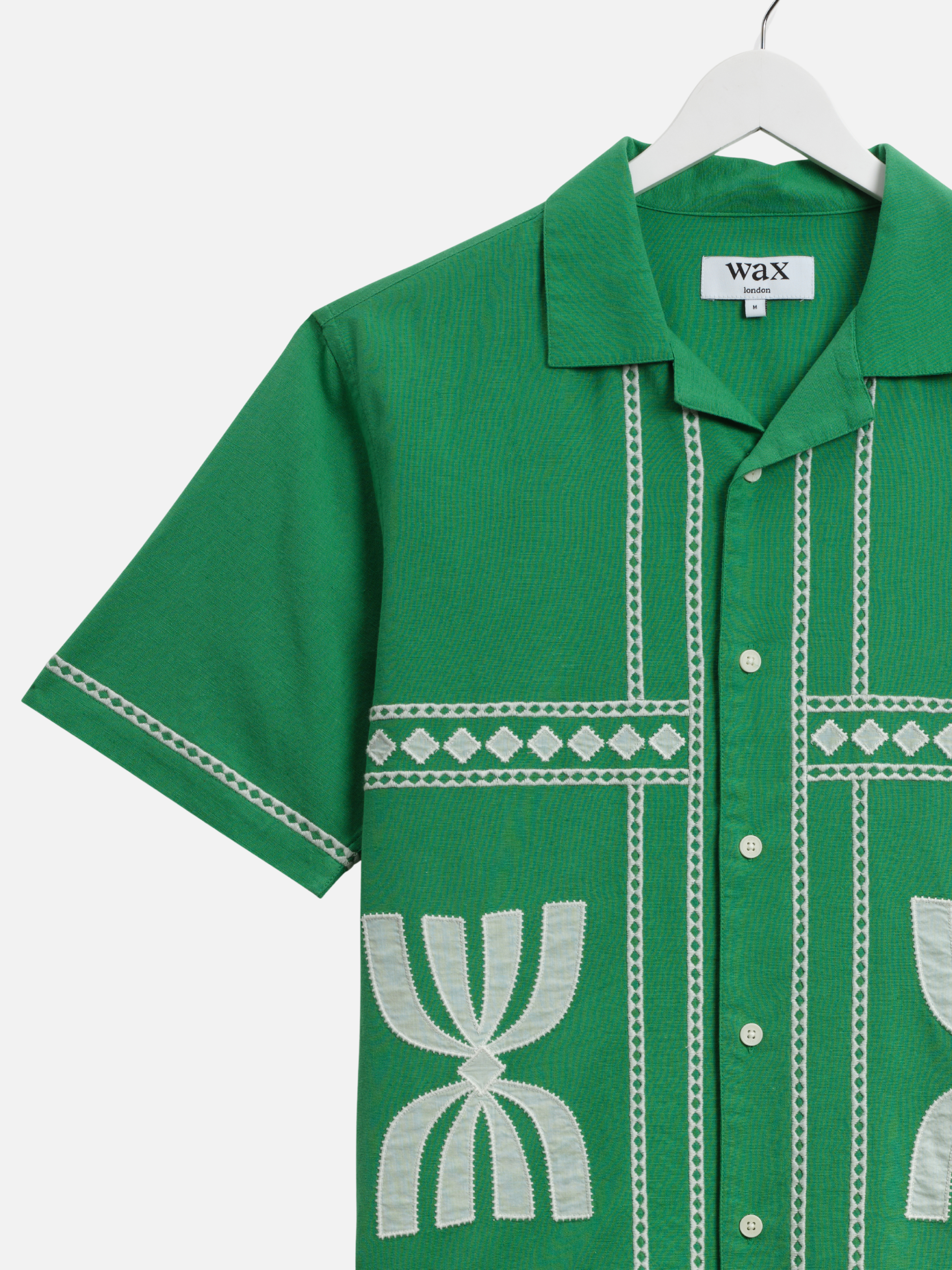 Wax London Didcot Border Green White Applique Short Sleeve Shirt Embroidered Mens Shirt Spring 2026 Clothing Athens Georgia Store