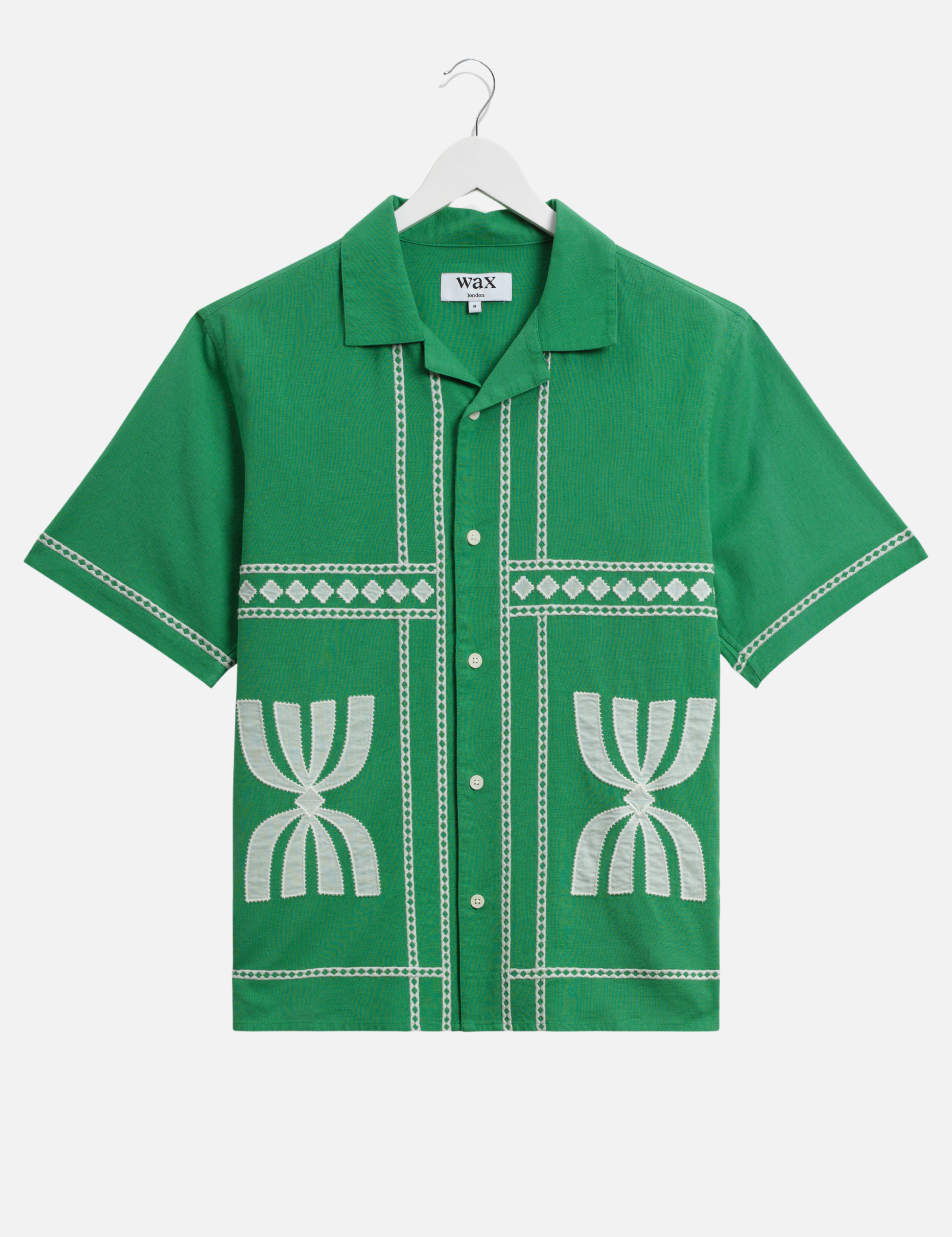 Wax London Didcot Border Applique Shirt Green White Border Sleeve Collared Button Up Embroidered Shirts Men’s Tops for Men Vacation Outfits for Guys Athens GA Georgia Kempt Menswear Store Near Me