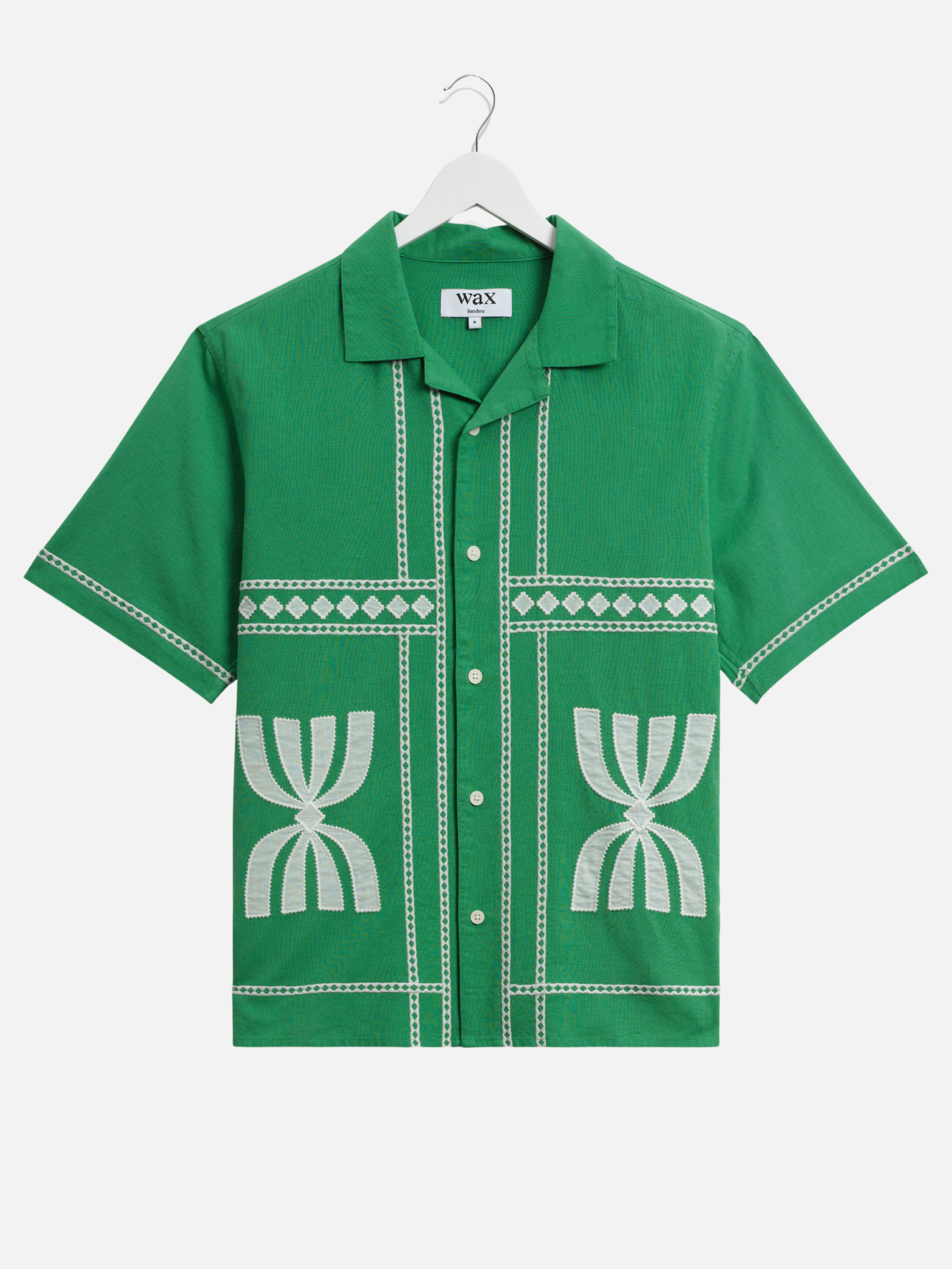 Wax London Didcot Border Applique Shirt Green White Border Sleeve Collared Button Up Embroidered Shirts Men’s Tops for Men Vacation Outfits for Guys Athens GA Georgia Kempt Menswear Store Near Me