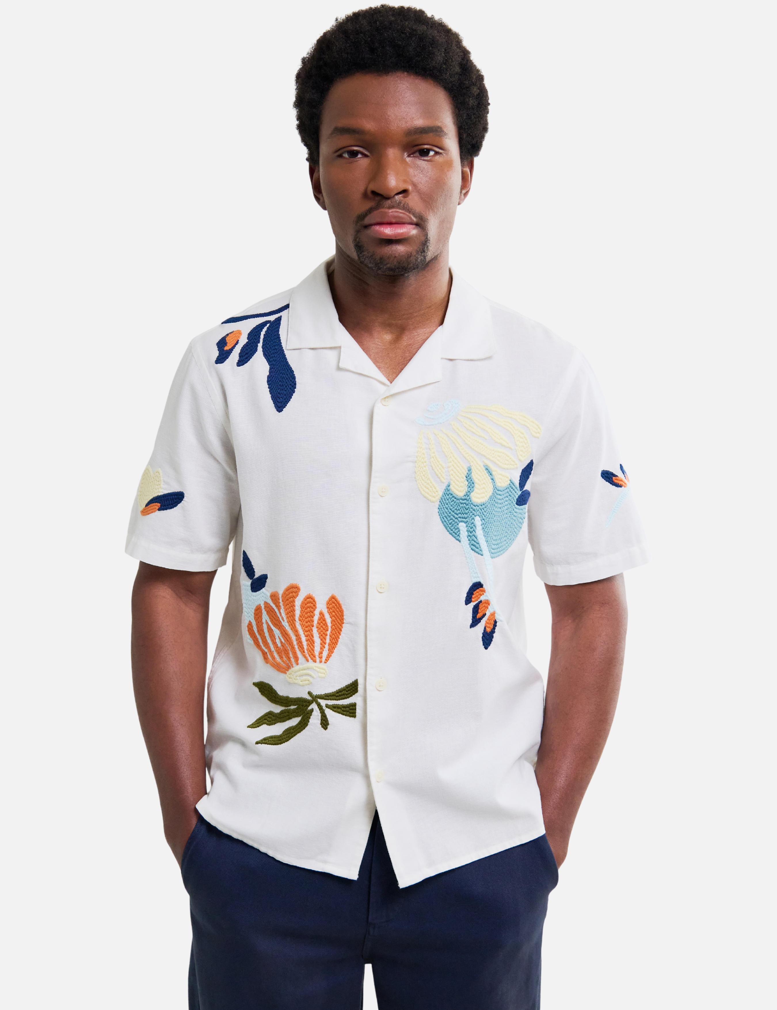 Wax London Didcot Flower Shirt Chunky Embroider Flower Shirt Sleeve Collared Button Up Embroidered Shirts Men’s Tops for Men Vacation Outfits for Guys Athens GA Georgia Kempt Menswear Store Near Me