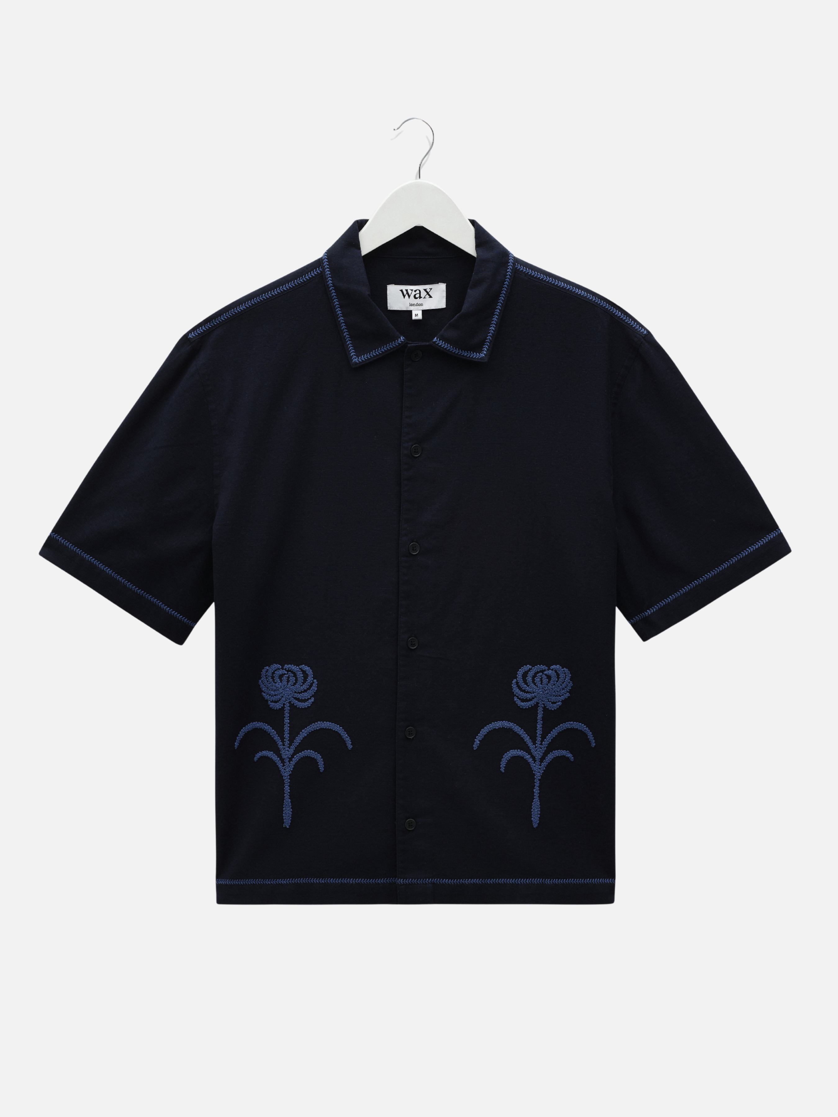 Wax London Keats Dahlia Shirt Navy Blue Short Sleeve Collared Button Up Embroidered Shirts Men’s Tops for Men Vacation Outfits for Guys Athens GA Georgia Kempt Menswear Store Near Me