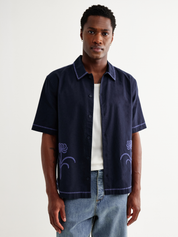 Wax London Keats Dahlia Shirt Navy Blue Short Sleeve Collared Button Up Embroidered Shirts Men’s Tops for Men Vacation Outfits for Guys Athens GA Georgia Kempt Menswear Store Near Me
