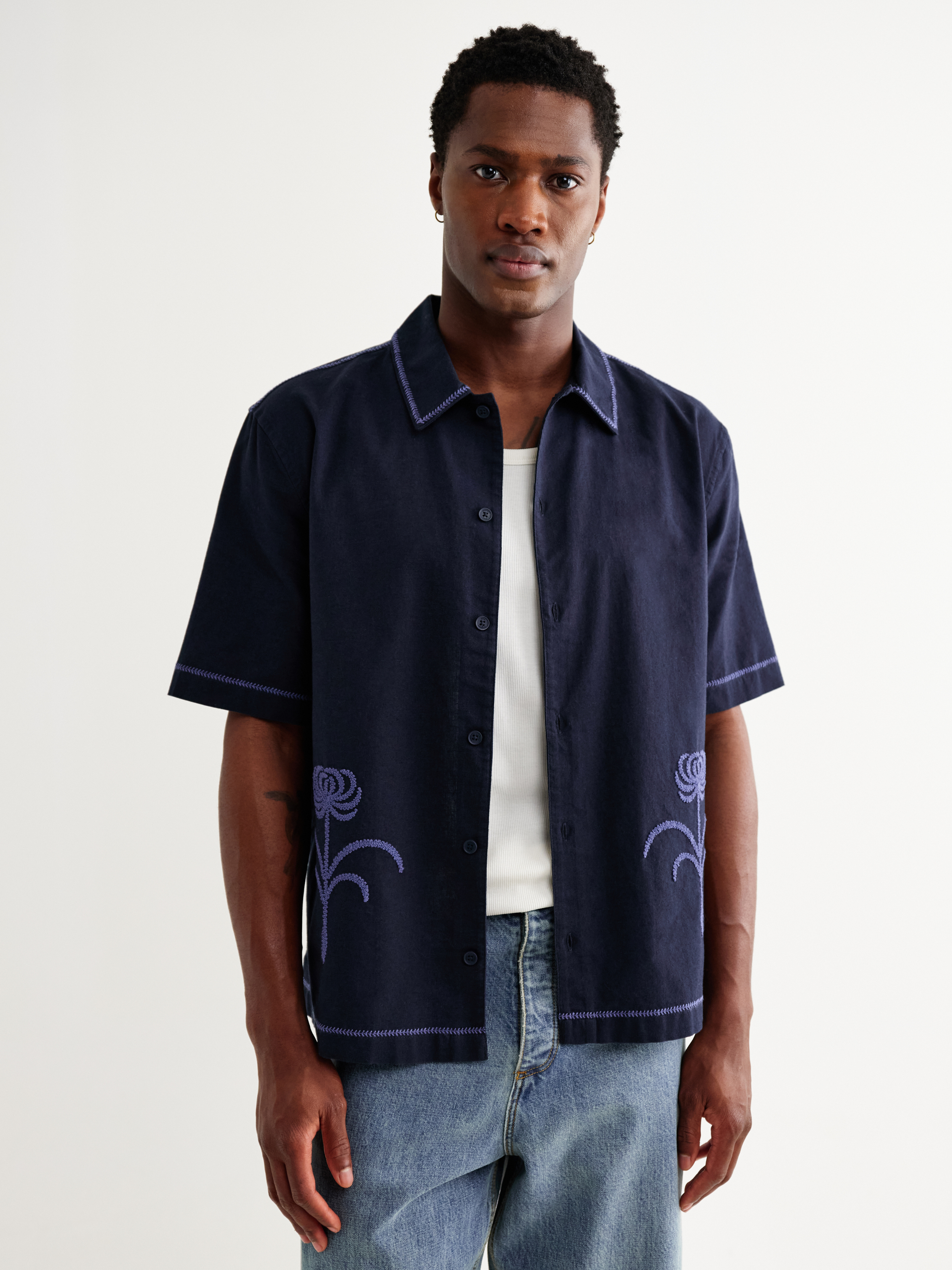 Wax London Keats Dahlia Shirt Navy Blue Short Sleeve Collared Button Up Embroidered Shirts Men’s Tops for Men Vacation Outfits for Guys Athens GA Georgia Kempt Menswear Store Near Me