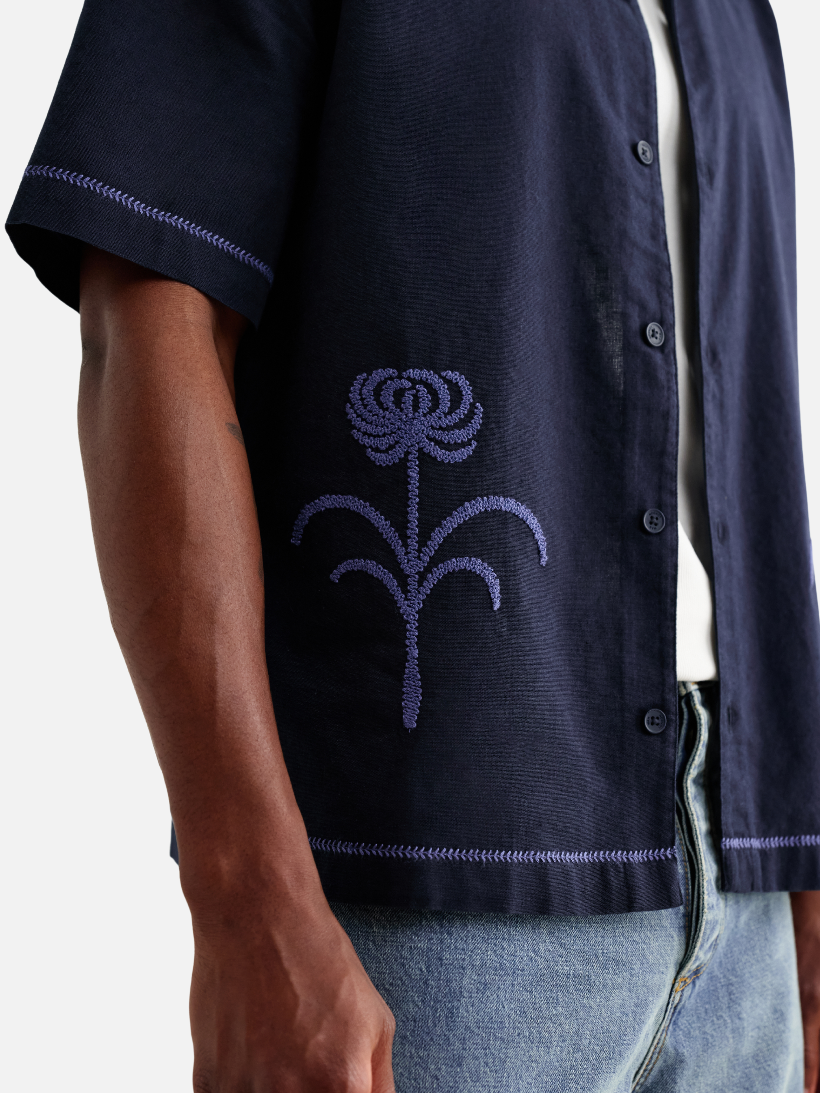 Wax London Keats Dahlia Shirt Navy Blue Short Sleeve Collared Button Up Embroidered Shirts Men’s Tops for Men Vacation Outfits for Guys Athens GA Georgia Kempt Menswear Store Near Me