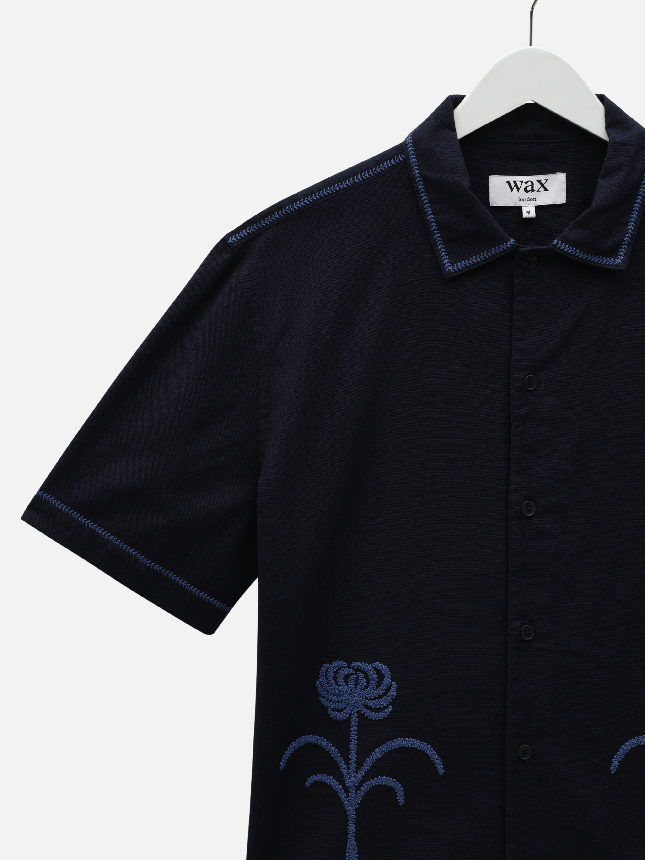Wax London Keats Dahlia Shirt Navy Blue Short Sleeve Collared Button Up Embroidered Shirts Men’s Tops for Men Vacation Outfits for Guys Athens GA Georgia Kempt Menswear Store Near Me