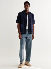 Wax London Keats Dahlia Shirt Navy Blue Short Sleeve Collared Button Up Embroidered Shirts Men’s Tops for Men Vacation Outfits for Guys Athens GA Georgia Kempt Menswear Store Near Me