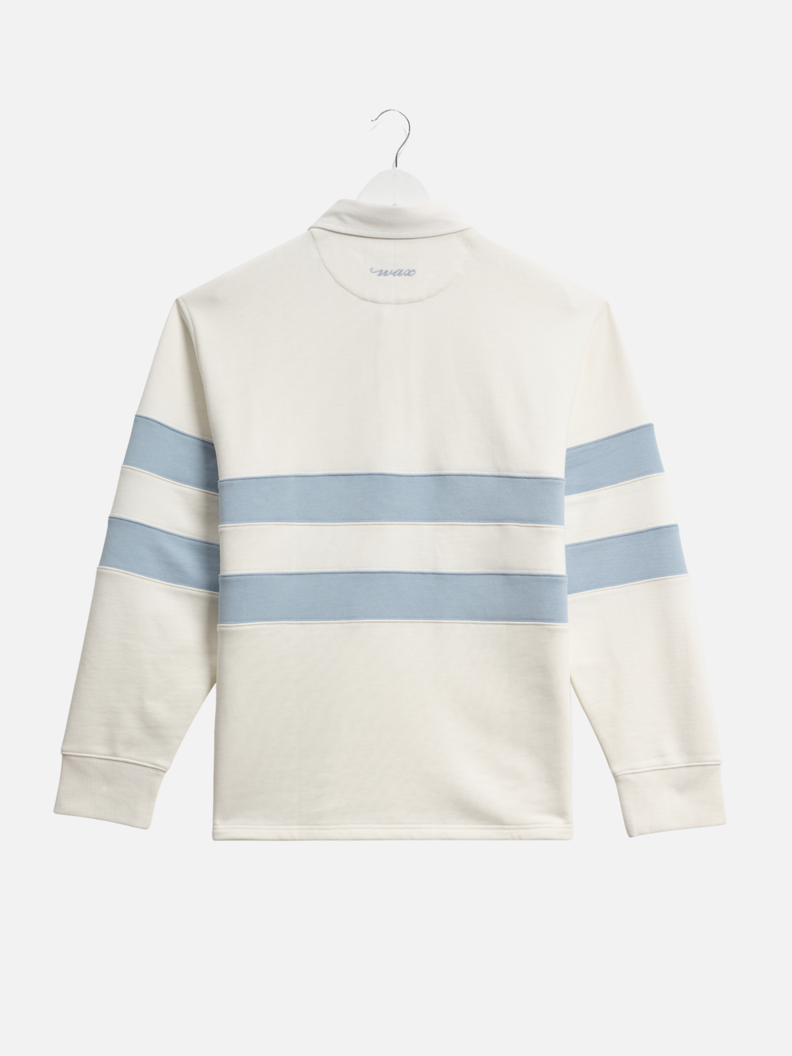 Wax London Loopback Rowhill Rugby Long Sleeve Polo Ecru White Light Blue Stripe Collared Shirt for Spring Athens GA Georgia Kempt Menswear Store Near Me