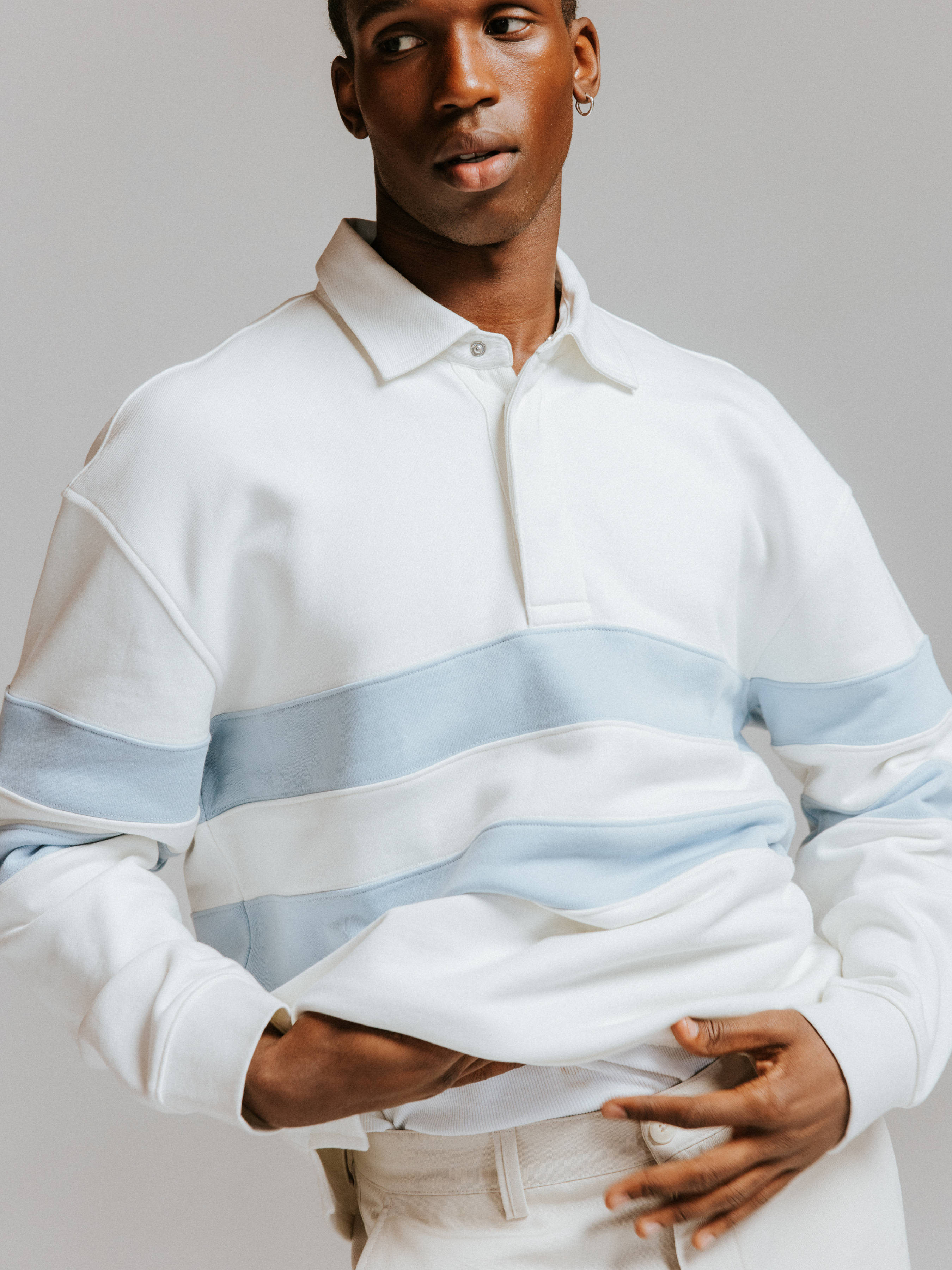 Wax London Loopback Rowhill Rugby Long Sleeve Polo Ecru White Light Blue Stripe Collared Shirt for Spring Athens GA Georgia Kempt Menswear Store Near Me