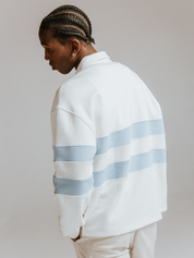 Wax London Loopback Rowhill Rugby Long Sleeve Polo Ecru White Light Blue Stripe Collared Shirt for Spring Athens GA Georgia Kempt Menswear Store Near Me
