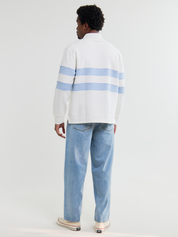 Wax London Loopback Rowhill Rugby Long Sleeve Polo Ecru White Light Blue Stripe Collared Shirt for Spring Athens GA Georgia Kempt Menswear Store Near Me