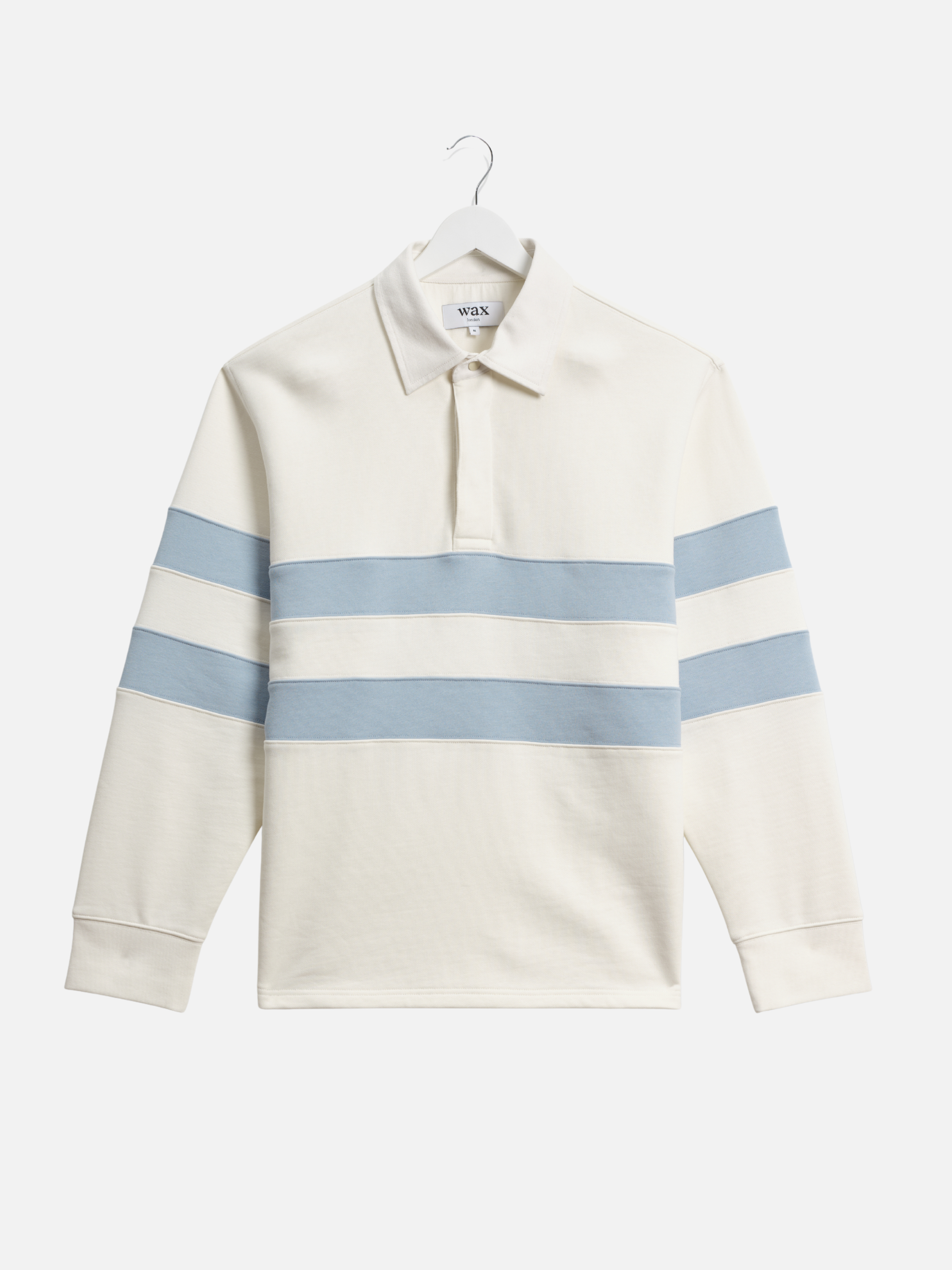 Wax London Loopback Rowhill Rugby Long Sleeve Polo Ecru White Light Blue Stripe Collared Shirt for Spring Athens GA Georgia Kempt Menswear Store Near Me