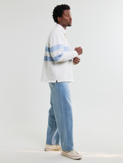 Wax London Loopback Rowhill Rugby Long Sleeve Polo Ecru White Light Blue Stripe Collared Shirt for Spring Athens GA Georgia Kempt Menswear Store Near Me