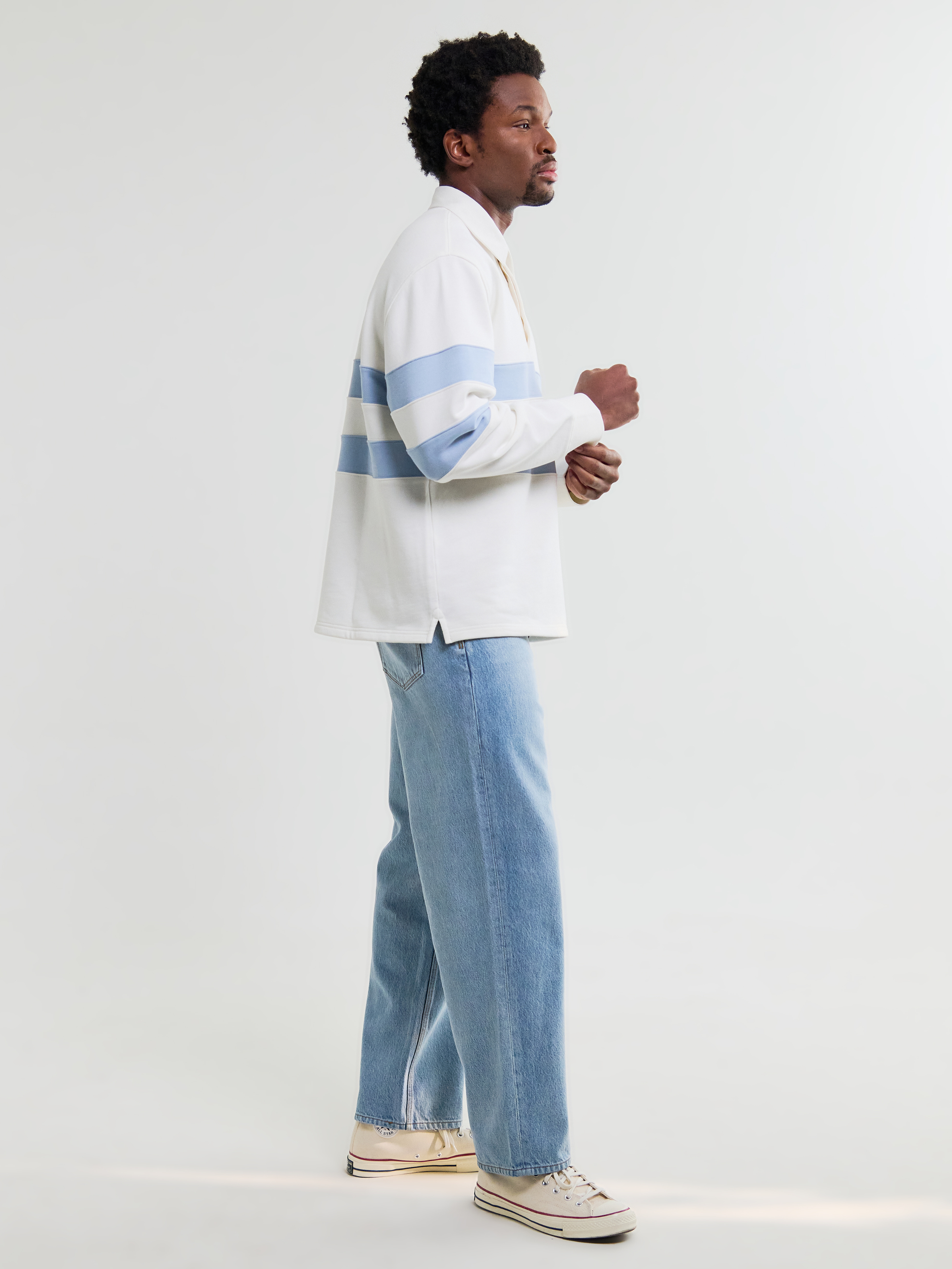 Wax London Loopback Rowhill Rugby Long Sleeve Polo Ecru White Light Blue Stripe Collared Shirt for Spring Athens GA Georgia Kempt Menswear Store Near Me