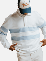 Wax London Loopback Rowhill Rugby Long Sleeve Polo Ecru White Light Blue Stripe Collared Shirt for Spring Athens GA Georgia Kempt Menswear Store Near Me