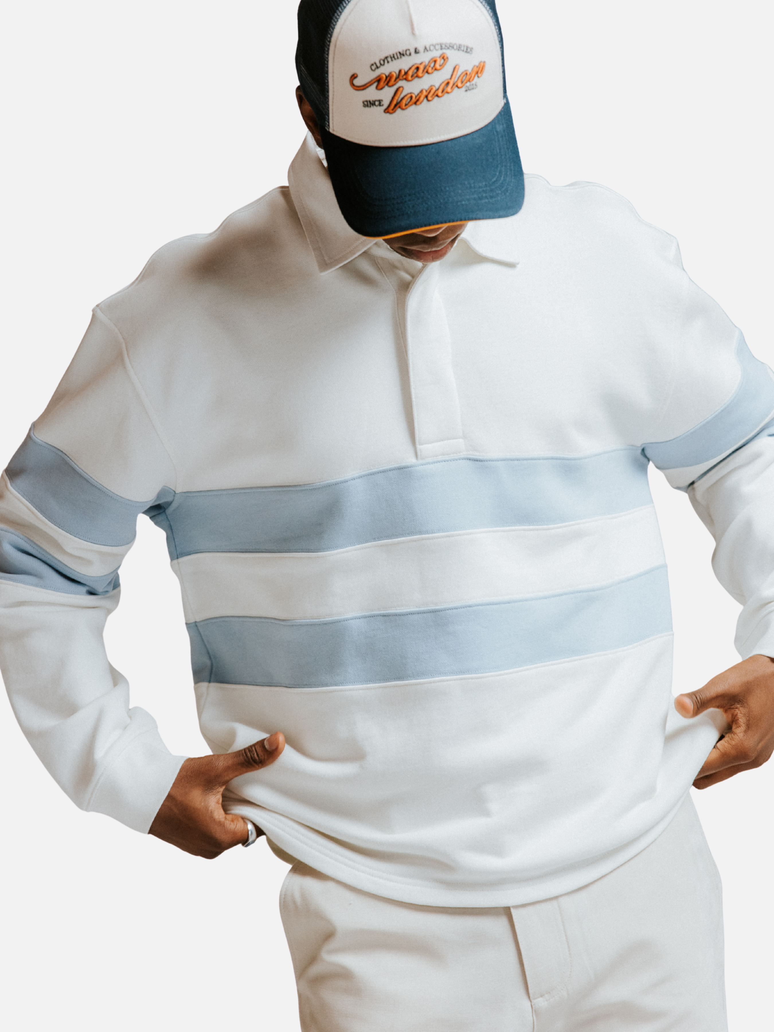 Wax London Loopback Rowhill Rugby Long Sleeve Polo Ecru White Light Blue Stripe Collared Shirt for Spring Athens GA Georgia Kempt Menswear Store Near Me