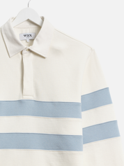 Wax London Loopback Rowhill Rugby Long Sleeve Polo Ecru White Light Blue Stripe Collared Shirt for Spring Athens GA Georgia Kempt Menswear Store Near Me