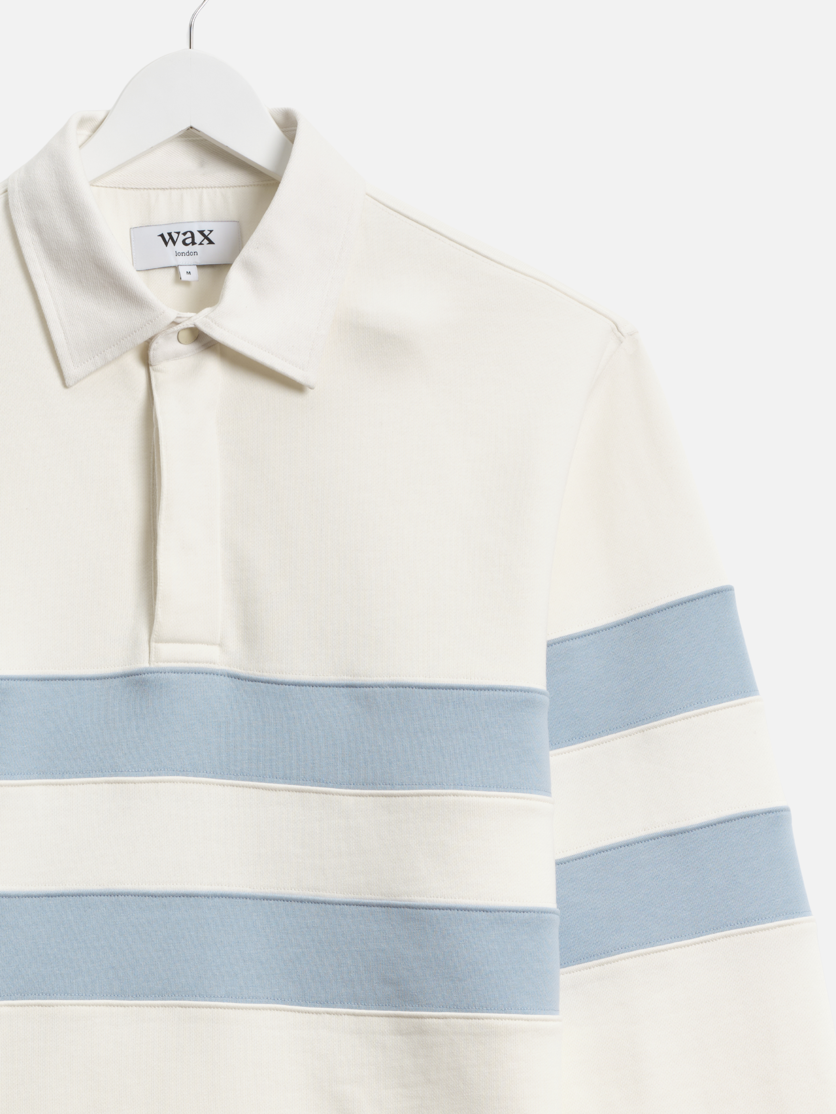 Wax London Loopback Rowhill Rugby Long Sleeve Polo Ecru White Light Blue Stripe Collared Shirt for Spring Athens GA Georgia Kempt Menswear Store Near Me