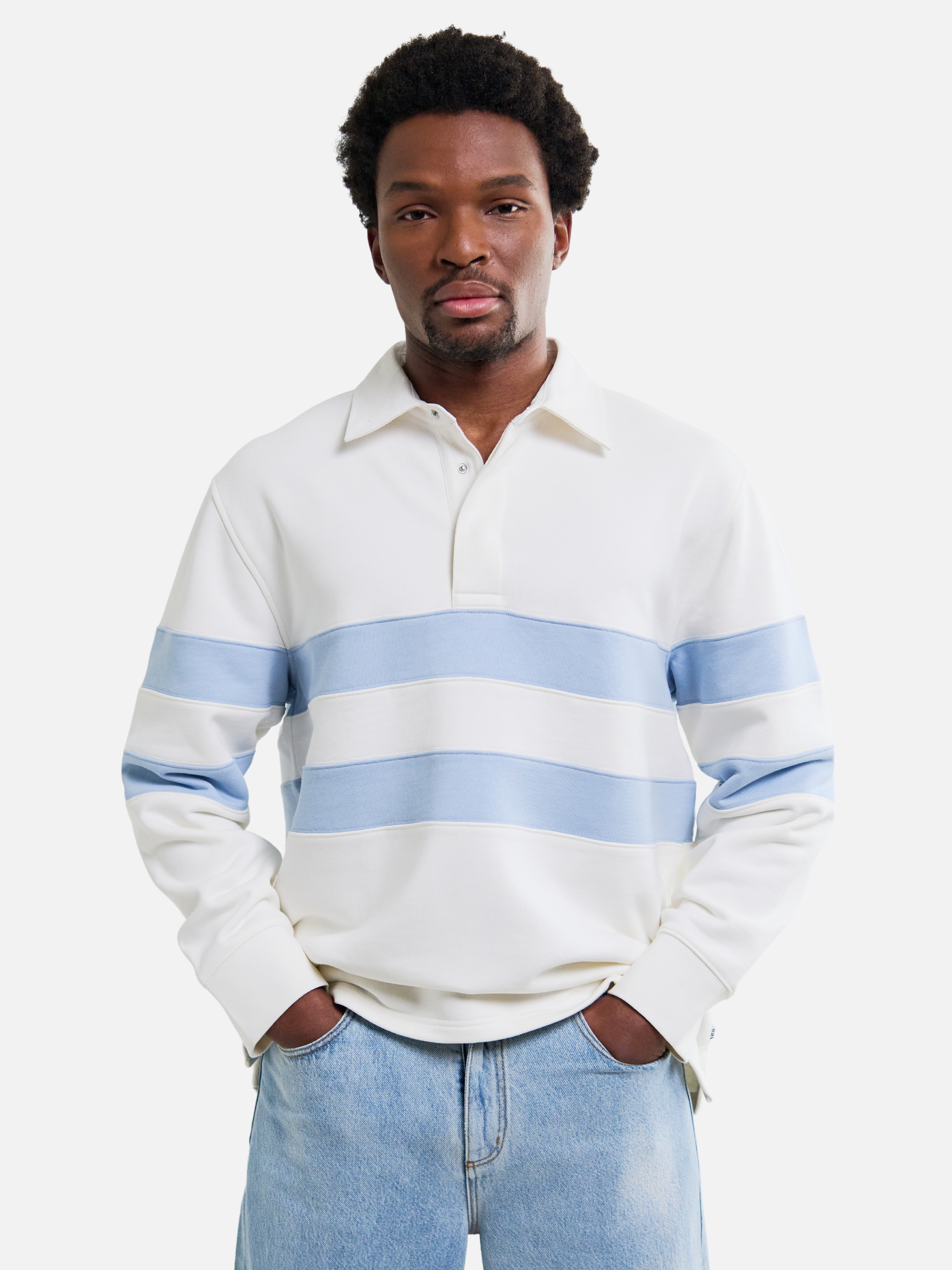 Wax London Loopback Rowhill Rugby Long Sleeve Polo Ecru White Light Blue Stripe Collared Shirt for Spring Athens GA Georgia Kempt Menswear Store Near Me