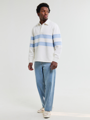 Wax London Loopback Rowhill Rugby Long Sleeve Polo Ecru White Light Blue Stripe Collared Shirt for Spring Athens GA Georgia Kempt Menswear Store Near Me