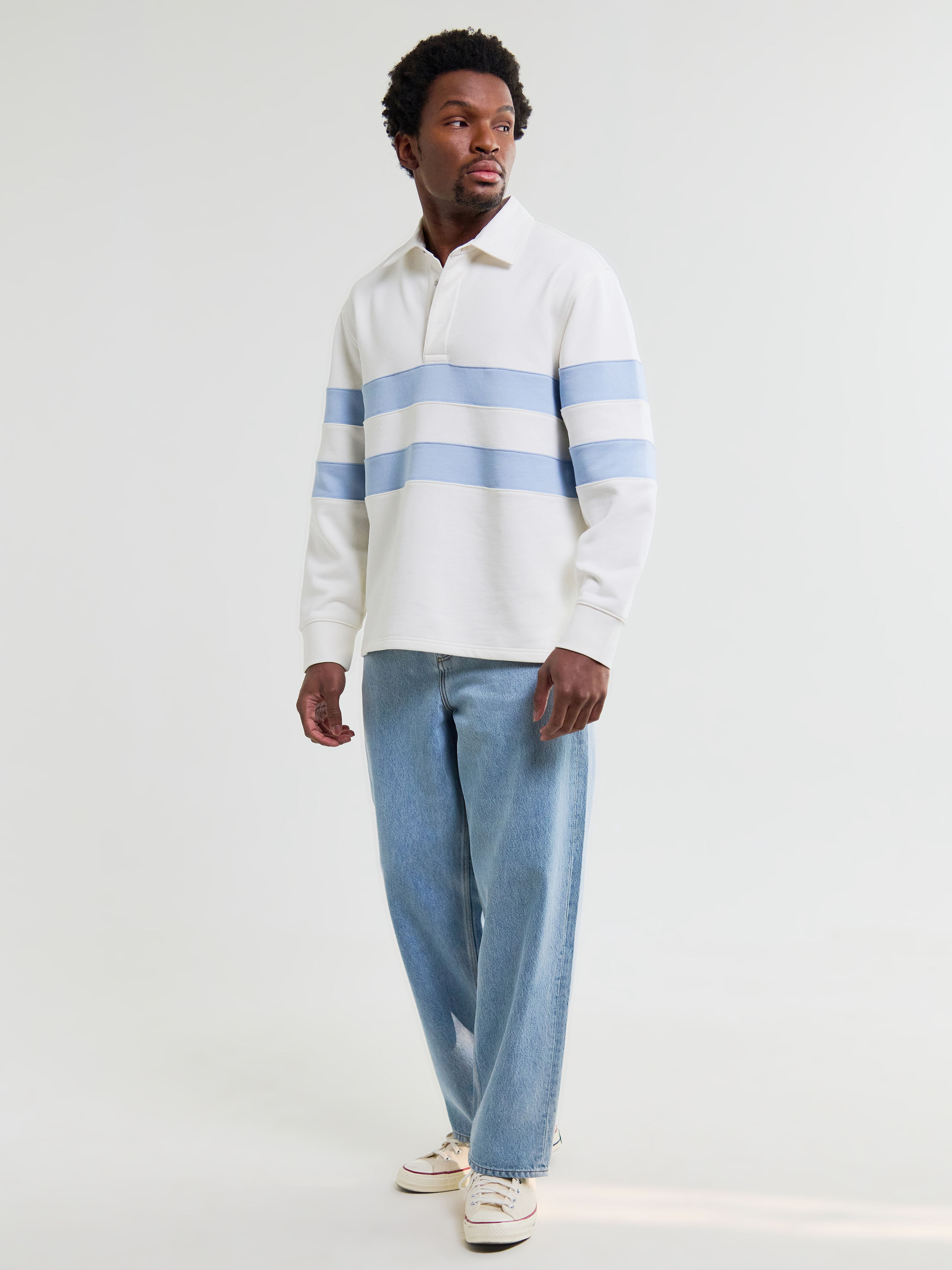 Wax London Loopback Rowhill Rugby Long Sleeve Polo Ecru White Light Blue Stripe Collared Shirt for Spring Athens GA Georgia Kempt Menswear Store Near Me