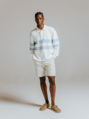 Wax London Loopback Rowhill Rugby Long Sleeve Polo Ecru White Light Blue Stripe Collared Shirt for Spring Athens GA Georgia Kempt Menswear Store Near Me