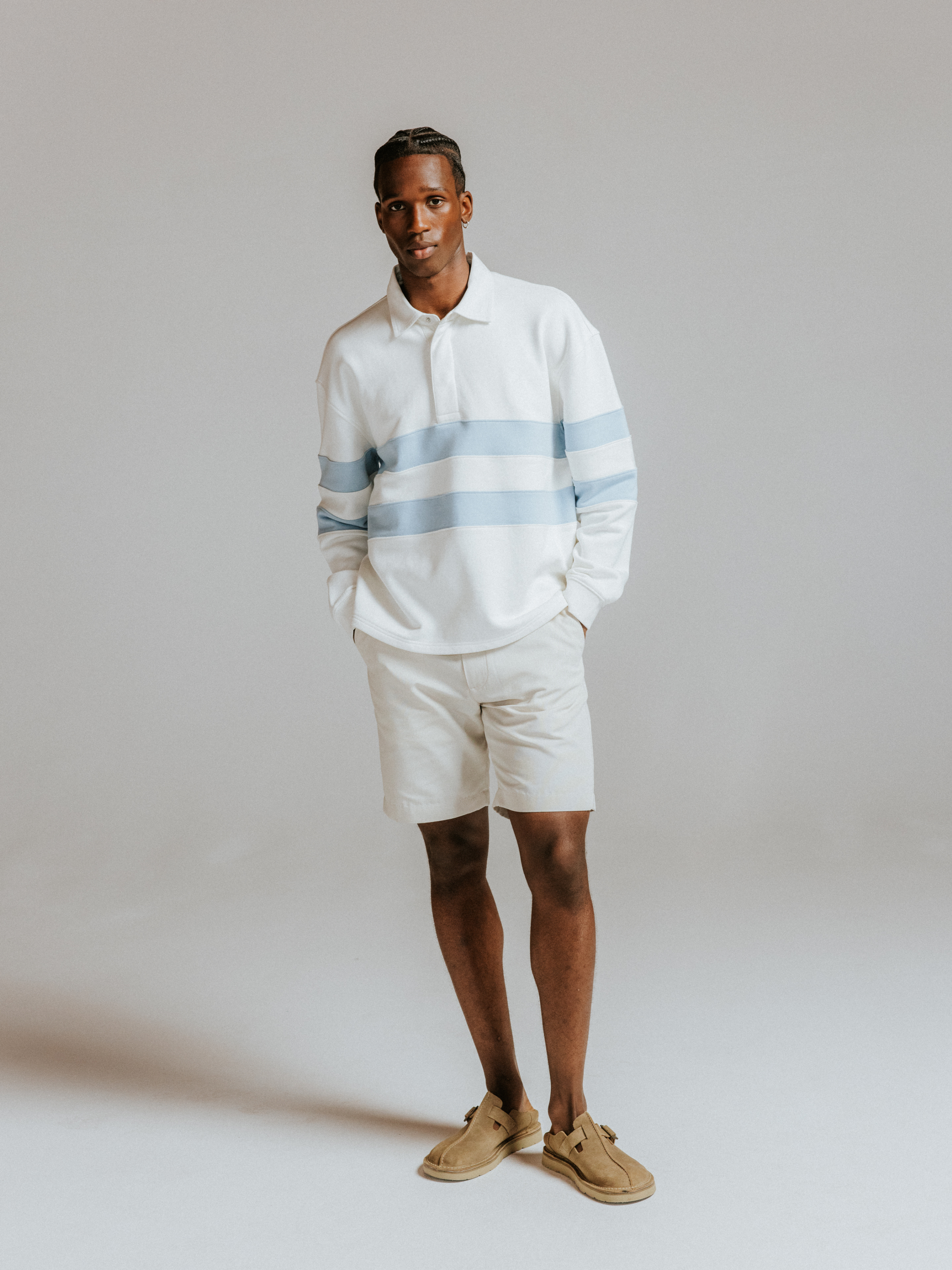 Wax London Loopback Rowhill Rugby Long Sleeve Polo Ecru White Light Blue Stripe Collared Shirt for Spring Athens GA Georgia Kempt Menswear Store Near Me