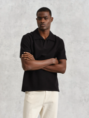 Wax London Atwood Textured Cotton Polo Black Mens Relaxed Fit Heavyweight Polo Athens Georgia Mens Clothing Store Kempt