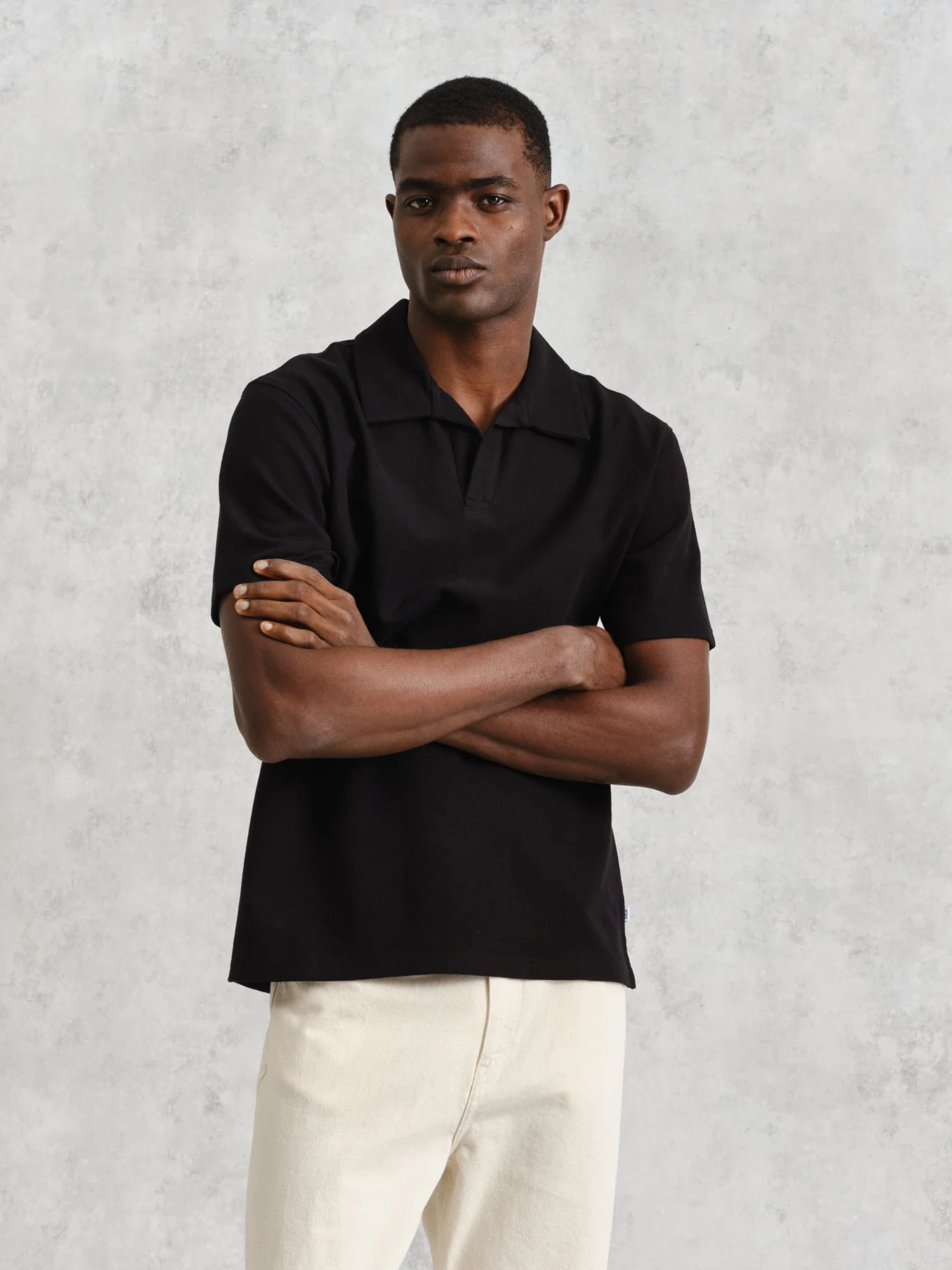 Wax London Atwood Textured Cotton Polo Black Mens Relaxed Fit Heavyweight Polo Athens Georgia Mens Clothing Store Kempt