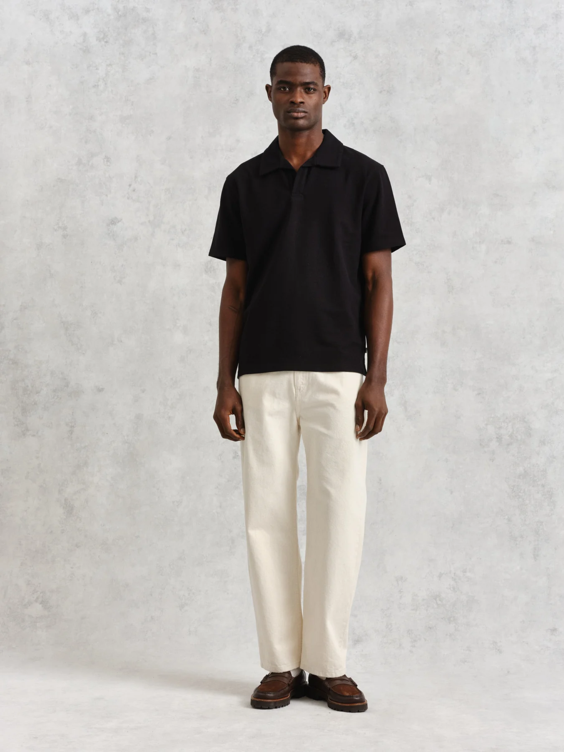 Wax London Atwood Textured Cotton Polo Black Mens Relaxed Fit Heavyweight Polo Athens Georgia Mens Clothing Store Kempt